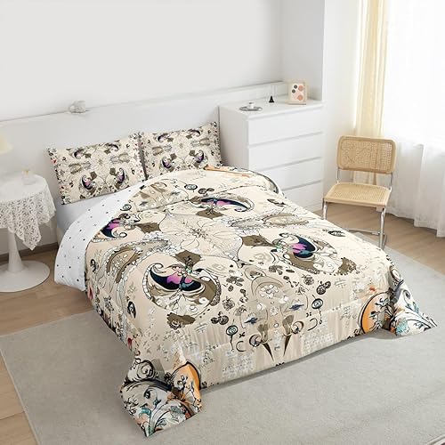 Miniatura 2 de Erosebridal Juego de edredón de cachemira tamaño Queen, ropa de cama floral bohemia, colorido caqui damasco flores bohemio abstracto cuadrícula,