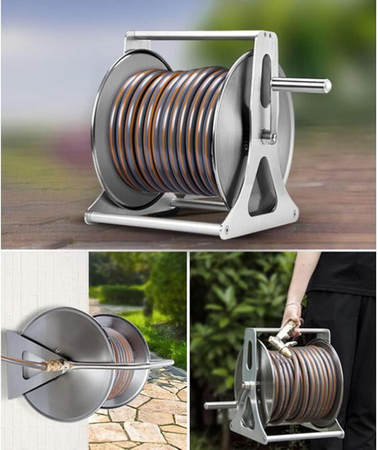 Carro portamangueras de jardín, Carrete portátil de Acero Inoxidable para Manguera de Agua con Boquilla rociadora, para Montaje en Pared y móvil.