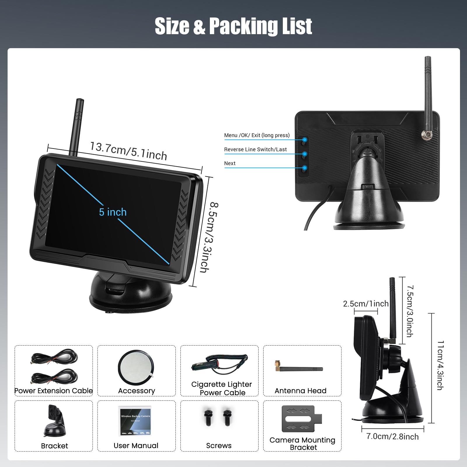 Kit Telecamera Retromarcia Wireless con Monitor LCD 5 Pollici AHD | Visione Notturna Superiore | Impermeabile IP69 | 12V per Auto, Camion, Furgoni e Rimorchi