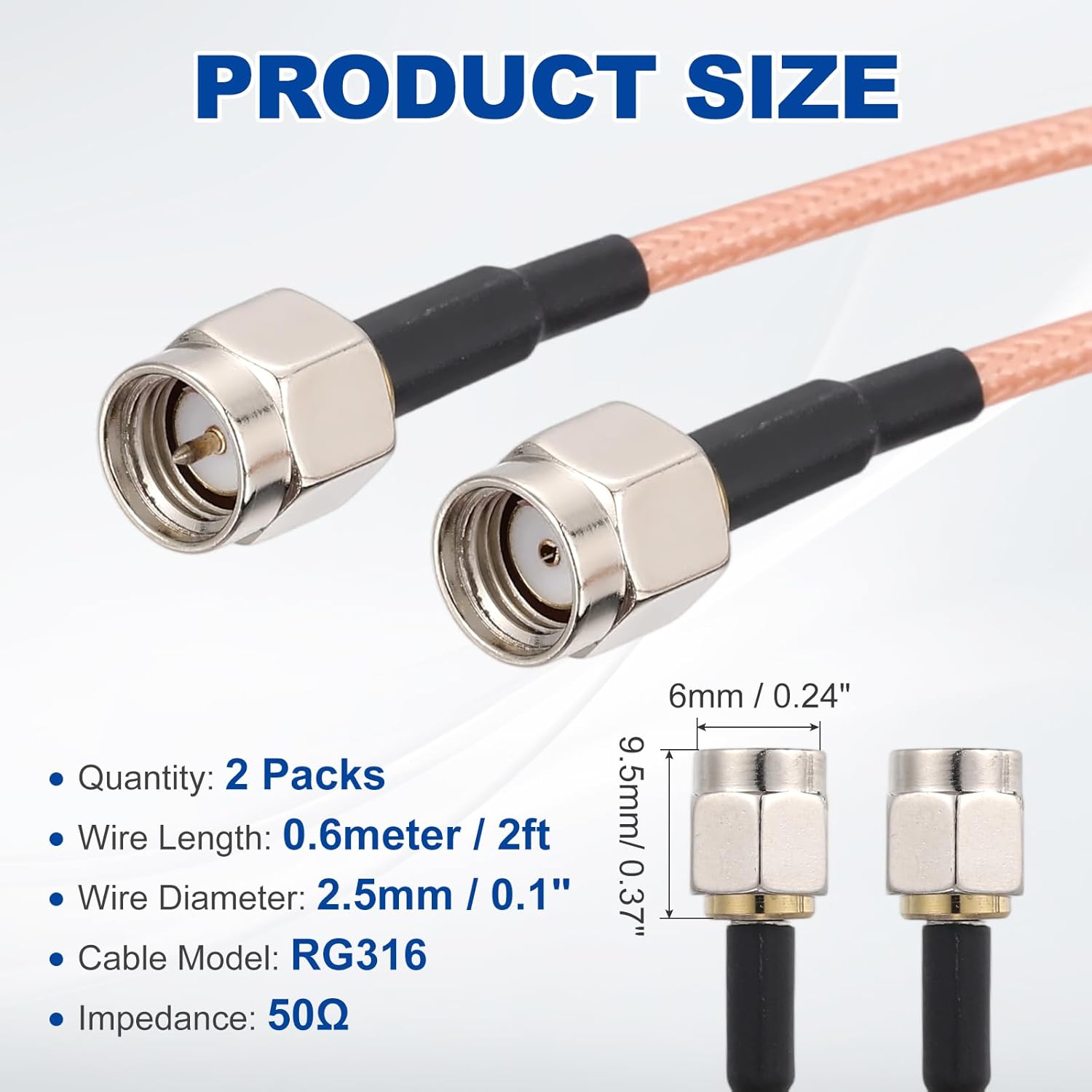 MECCANIXITY SMA Antenna Extension Cable, 2ft SMA Male Inner Hole to Male Inner Pin RG316 Low Loss Coaxial Cable Extender for 0-6G Network System WLAN Radio Antennas Jumper (2Pcs)