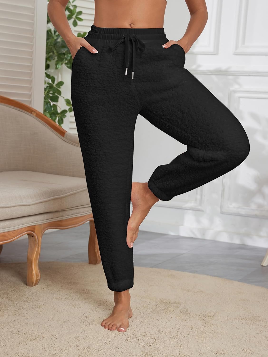 Famulily Womens Winter Sherpa Fleece Sweatpants Drawstring Waist Joggers Pants Thick Thermal Trousers with Pockets - Image 2