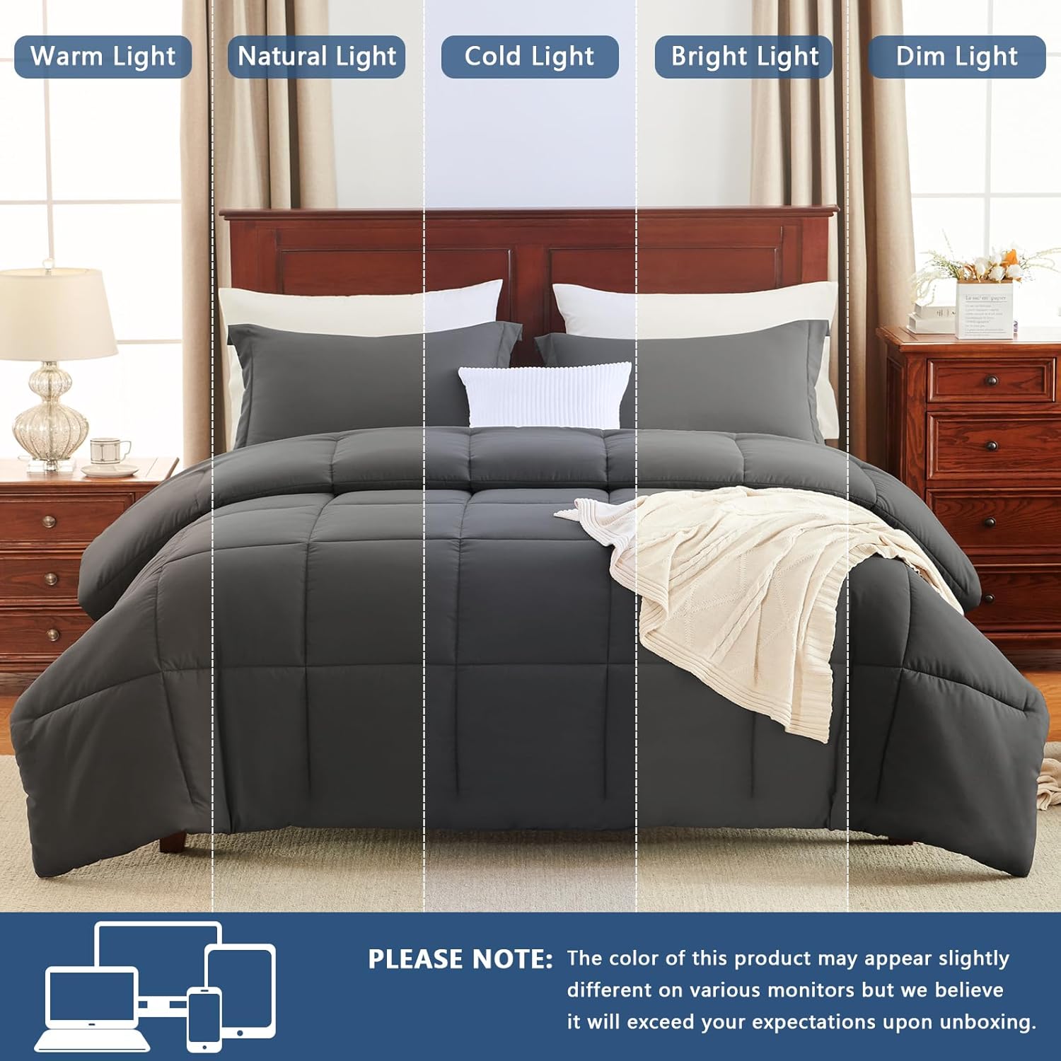 CozyLux Queen Comforter Set - Dark Grey Comforter Queen Size, 3 Pieces Box Stitched Bed Set for All Seasons, Soft Lightweight Bedding Sets with 1 Down Alternative Comforter and 2 Pillow Shams - Image 5