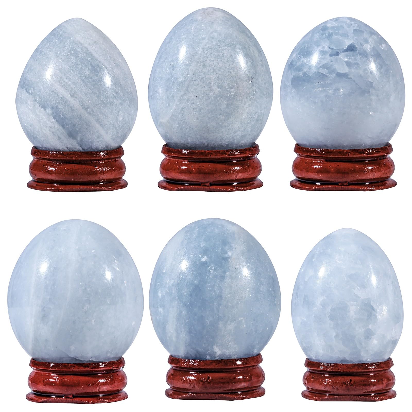 Sportmusies Huevo de piedra celestita azul natural con soporte de madera, figura de huevo de piedra pulida de Reiki, decoración para el hogar, escritorio, meditación, 1.5-1.77 pulgadas