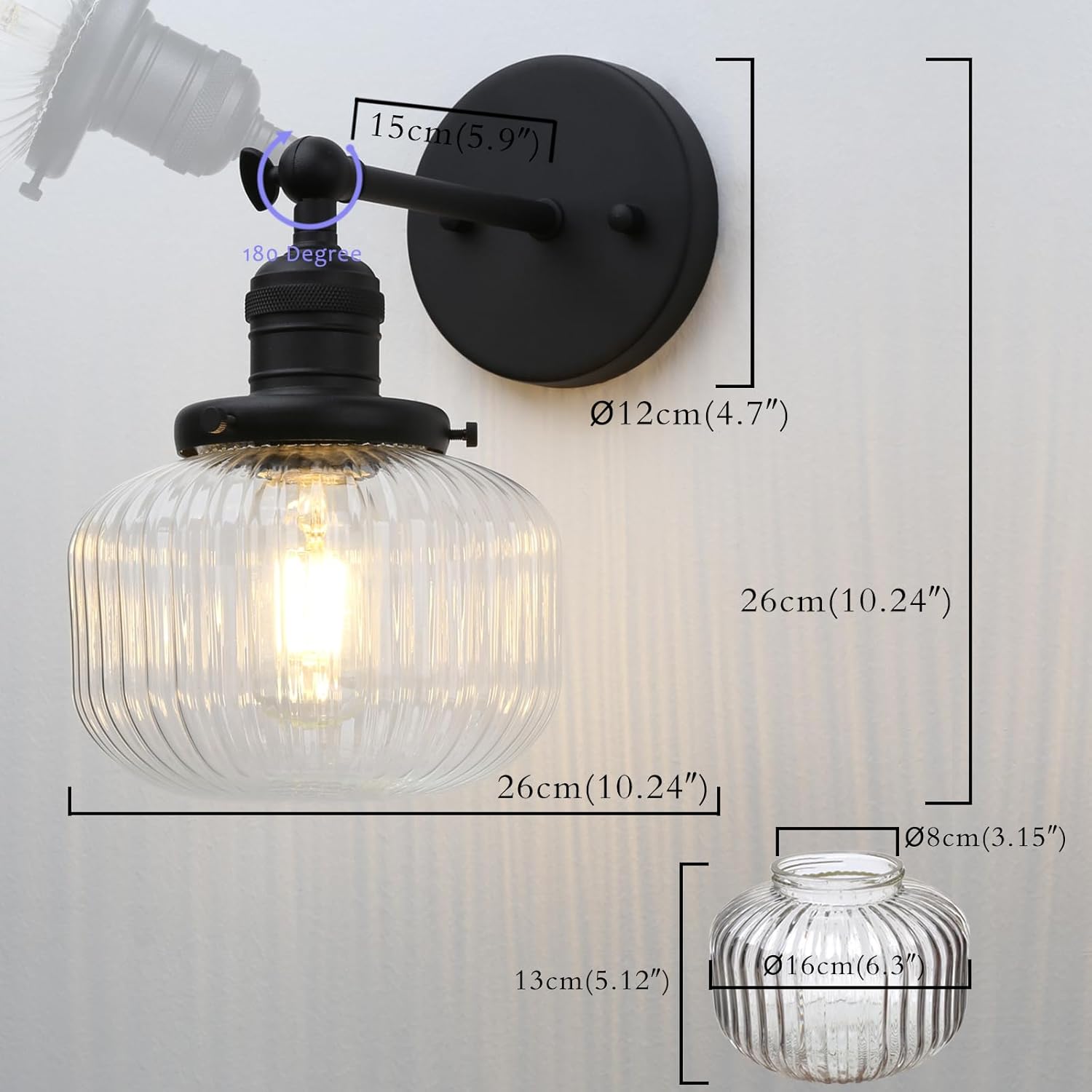 PERMO Single Sconce Vintage Industrial Wall Sconce Lighting with Flate Globe Ribbed Shade (Black)