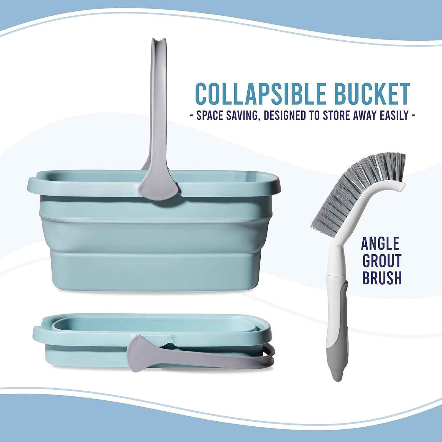 Don Aslett's Ultimate Cleaning Set | Includes 3 Cleaning Cloths, 15" Machine Washable Microfiber Mop Pad, Hard Bristle Brush, Scrubbing Pad, Grout Brush, and Collapsible Bucket for Bathroom or Kitchen