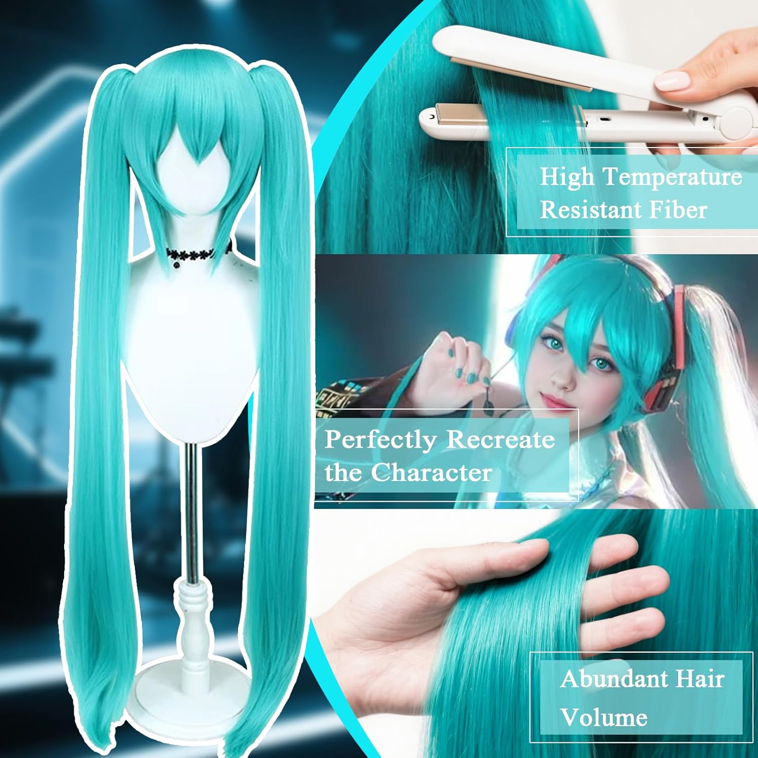 Cute Halloween Green Cosplay Wig, 2 Hair Caps+ Wig, Long Greenish False Hair with 2 Ponytails for Women, Long Straight Wigs with Bangs for Event for Women and Teen Girls - Image 6