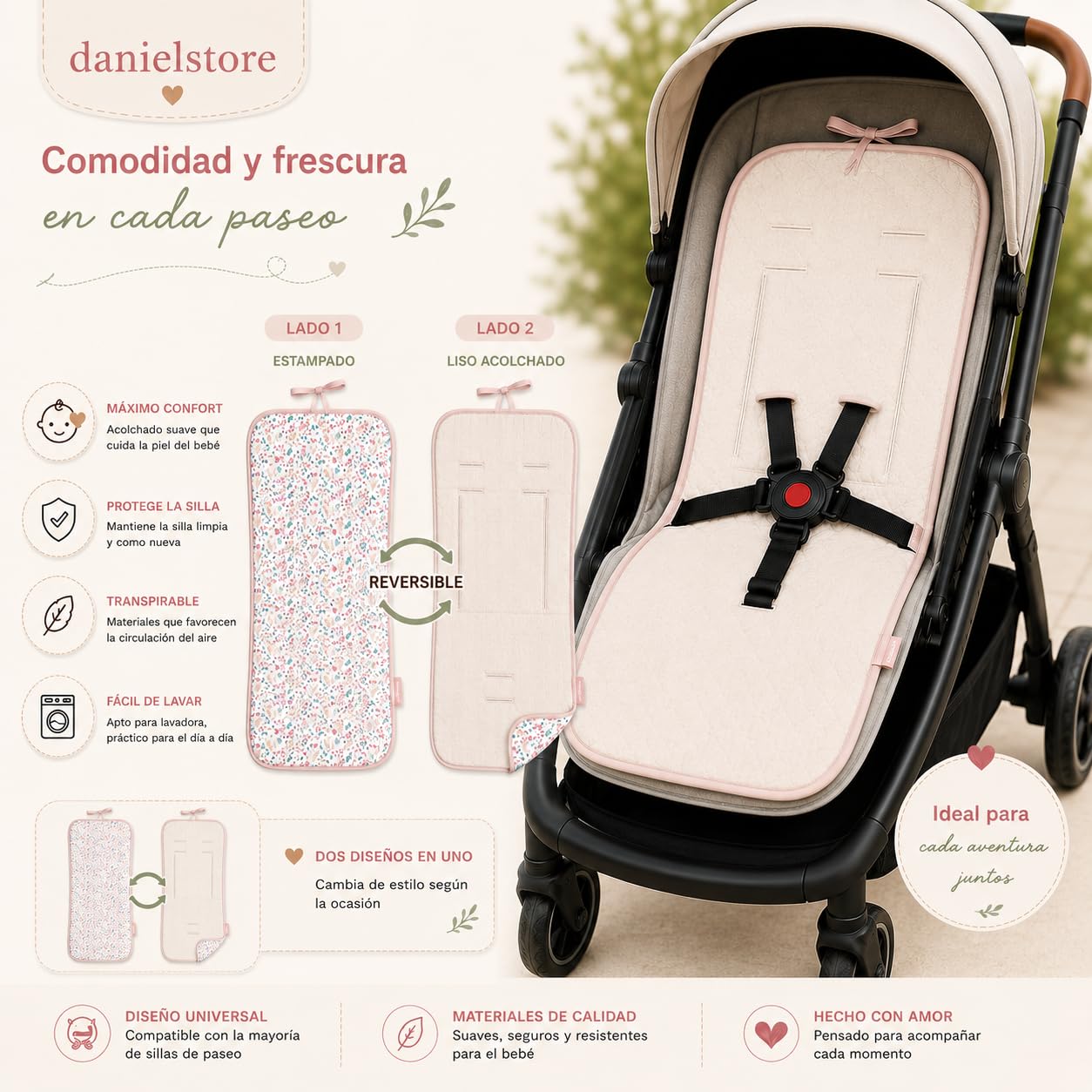 Danielstore Colchoneta Silla Paseo Universal Funda Carrito Bebé Transpirable Reversible Colchón Carro Bebé Verano Antideslizante Altura Ajustable