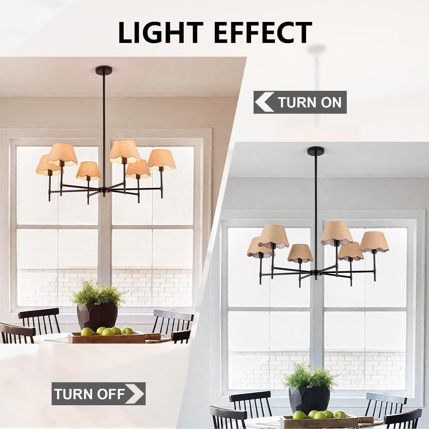Refice 39''Adjustable Rattan Chandeliers 6-Light Boho Chandeliers for Dining Room Farmhouse Rustic Coastal Large Pendant Lights for Kitchen Island Dining Living Room, Black, E12 Base