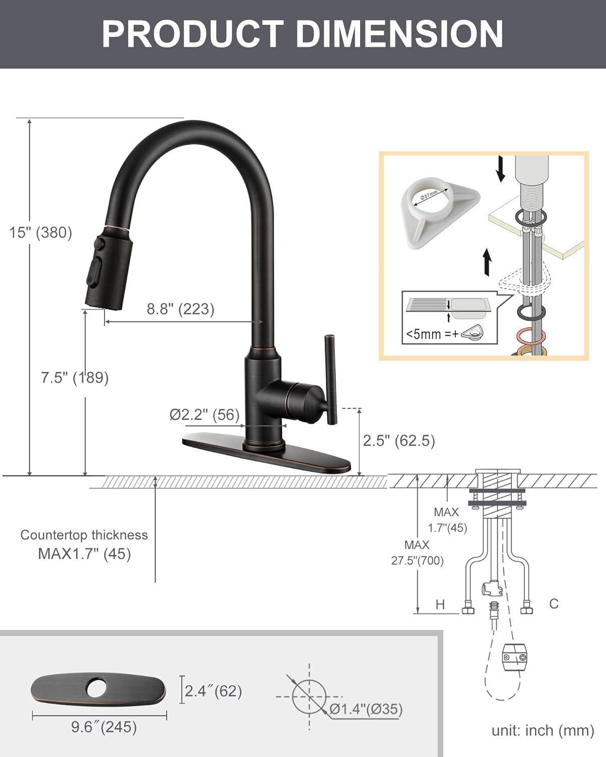 WOWOW Kitchen Faucet Head Replacement Oiled Rubbed Bronze, 3 Function Pull Out Spray and Kitchen Faucets with Pull Down Sprayer, Oil Rubbed Bronze Kitchen Faucet
