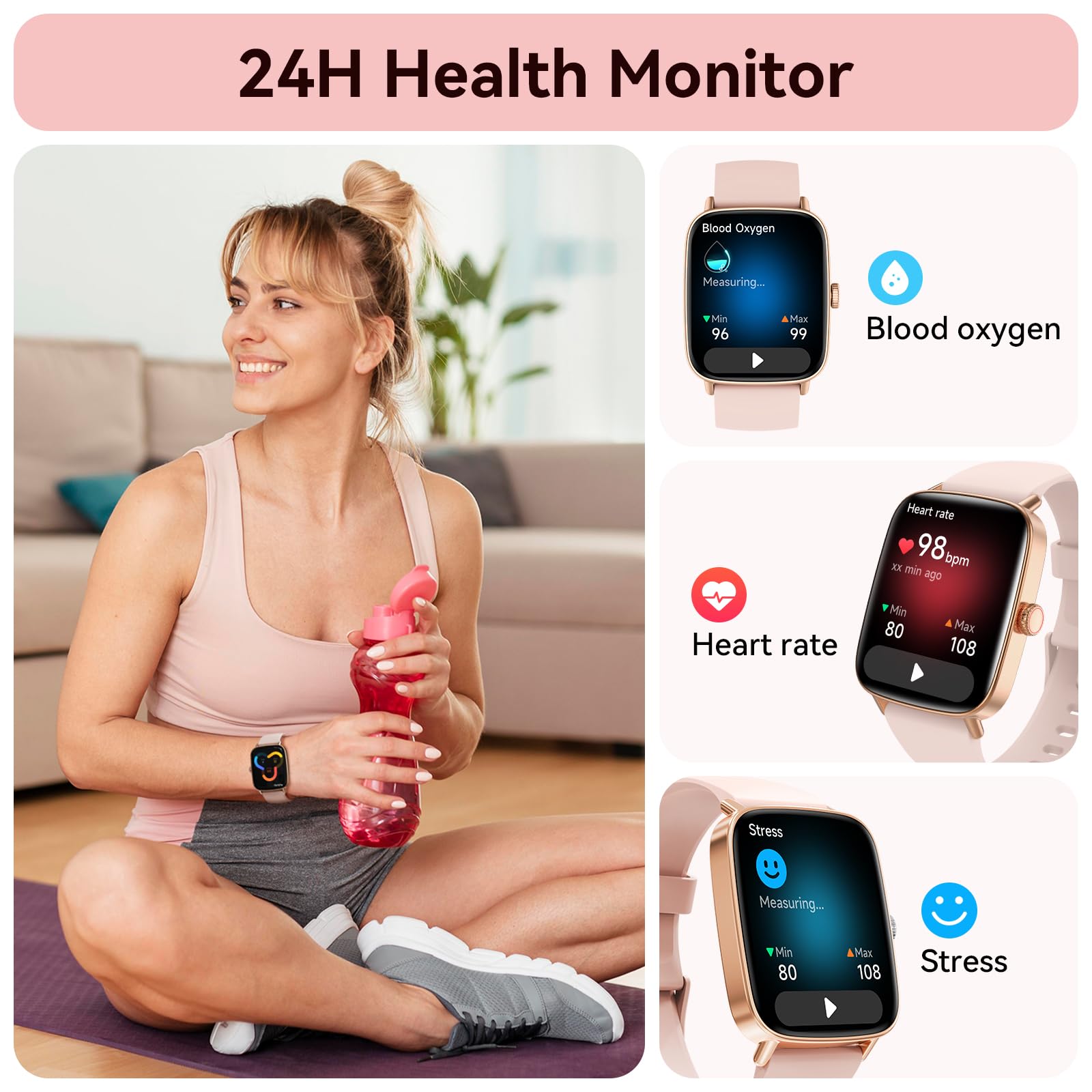 Tensky Smart Watch for Women/Men Android & iPhone, 1.85" Touch Screen Fitness Tracker with Answer/Make Call, IP68 Waterproof 24/7 Health/Sleep Monitor, Pedometer, 100+ Sport Modes (2 Bands)