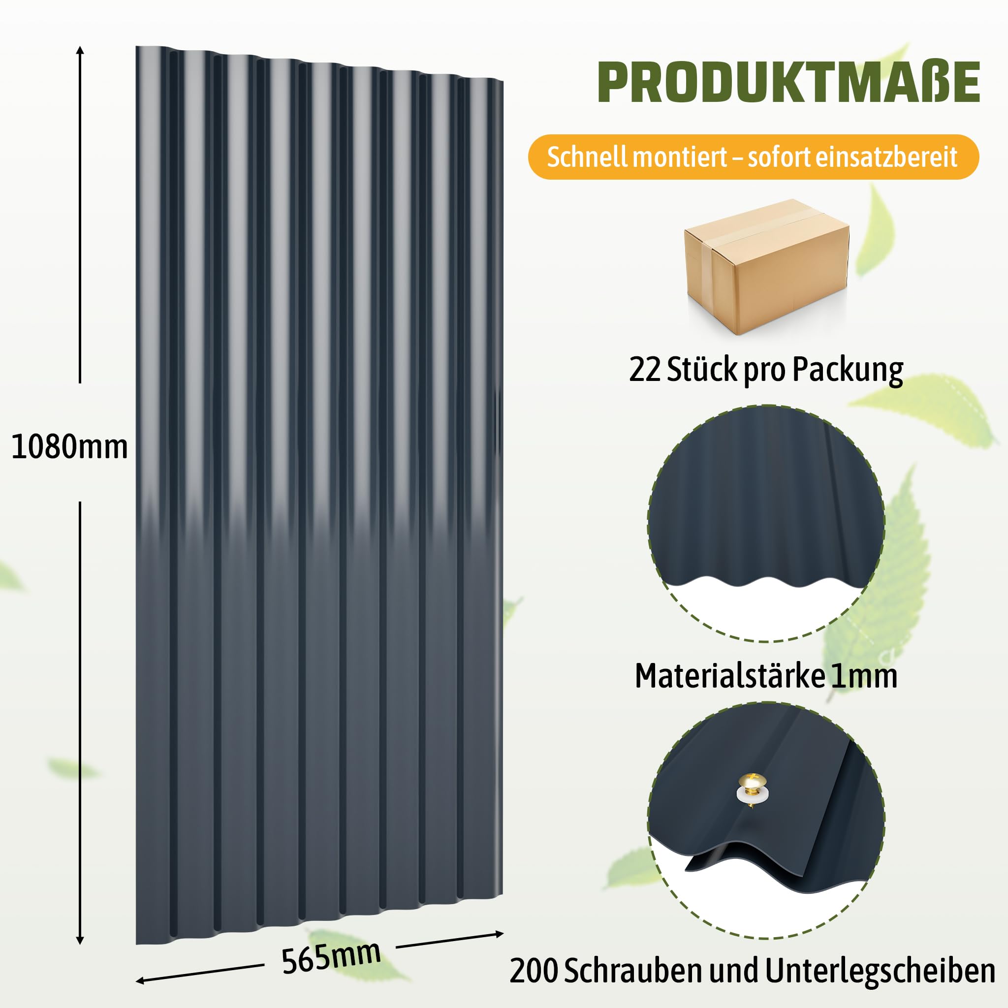 Thanaddo Wellplatten Anthrazit, 22er Set Wellplatte Dach Kunststoff Welldach mit Schrauben, wetterfest Dachplatten UV beständig, 1mm Stärke - 56 x 108 cm - 22 Stück