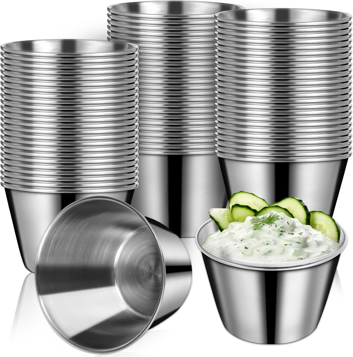 2.5oz Stainless Steel Ramekins, 100 Pcs Metal Sauce Cups Dipping Cups, Ramekins Bulk, Reusable Round Butter Dressing Sauce Cups for Restaurant Serving Party Dinner Cooking