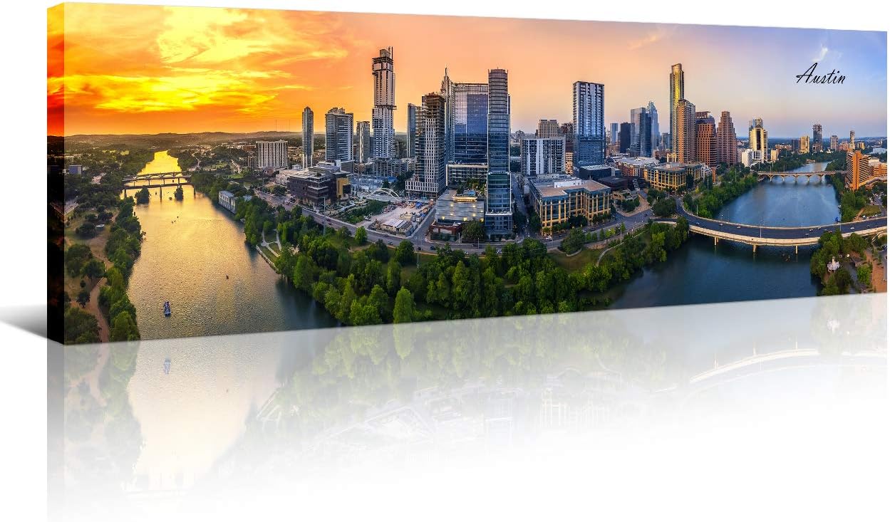 TUMOVO Austin Skyline Wall Art for Living Room Cityscape Canvas Modern Home Decor Panorama Pictures City Building House Decorations Skyscraper Artwork Night View Posters and Prints 12x46 Inch 1 Panel