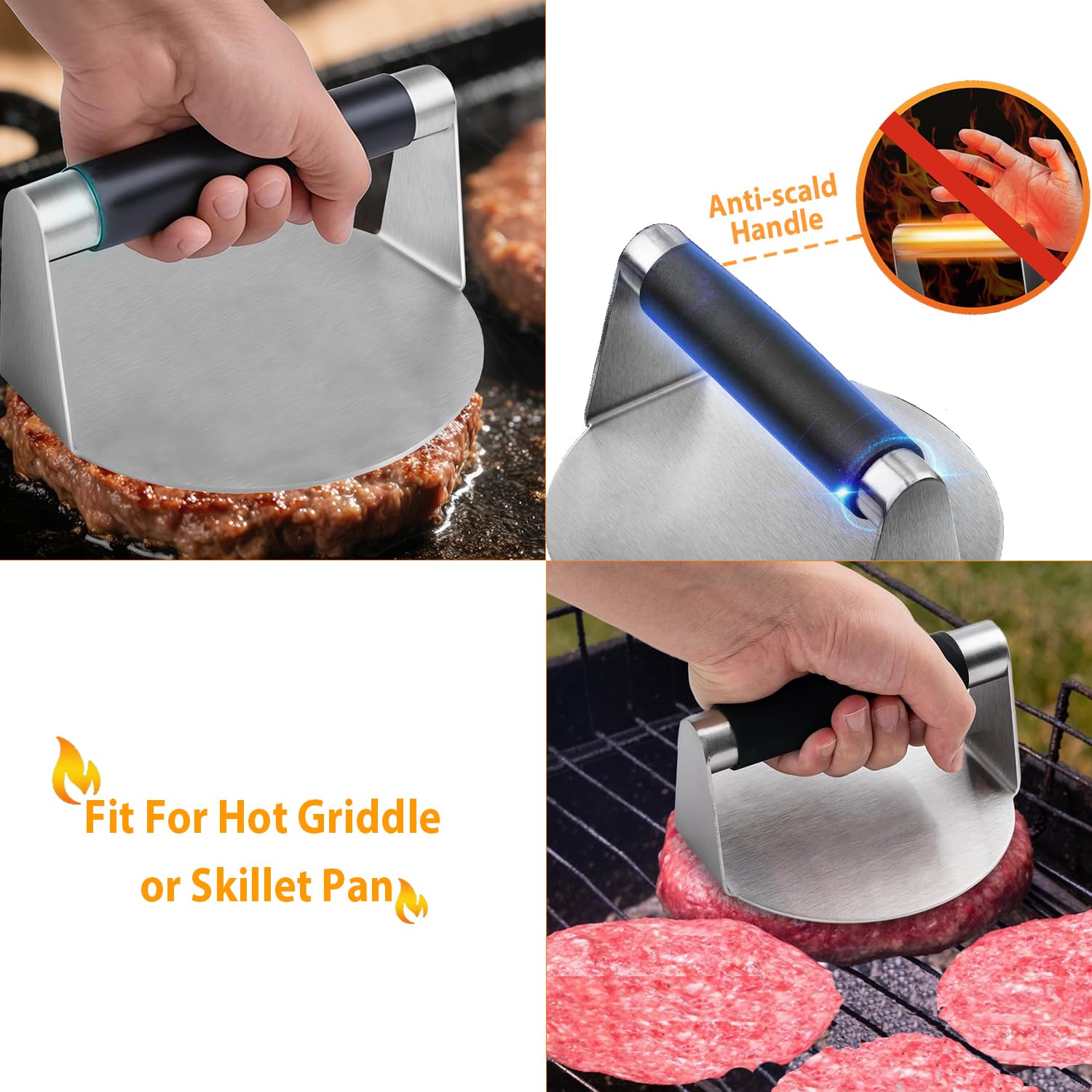 Set Smash Burger Mnam - Presse à Burger Inox Spatule, Poignée Bois Antiadhésive Presse Grill