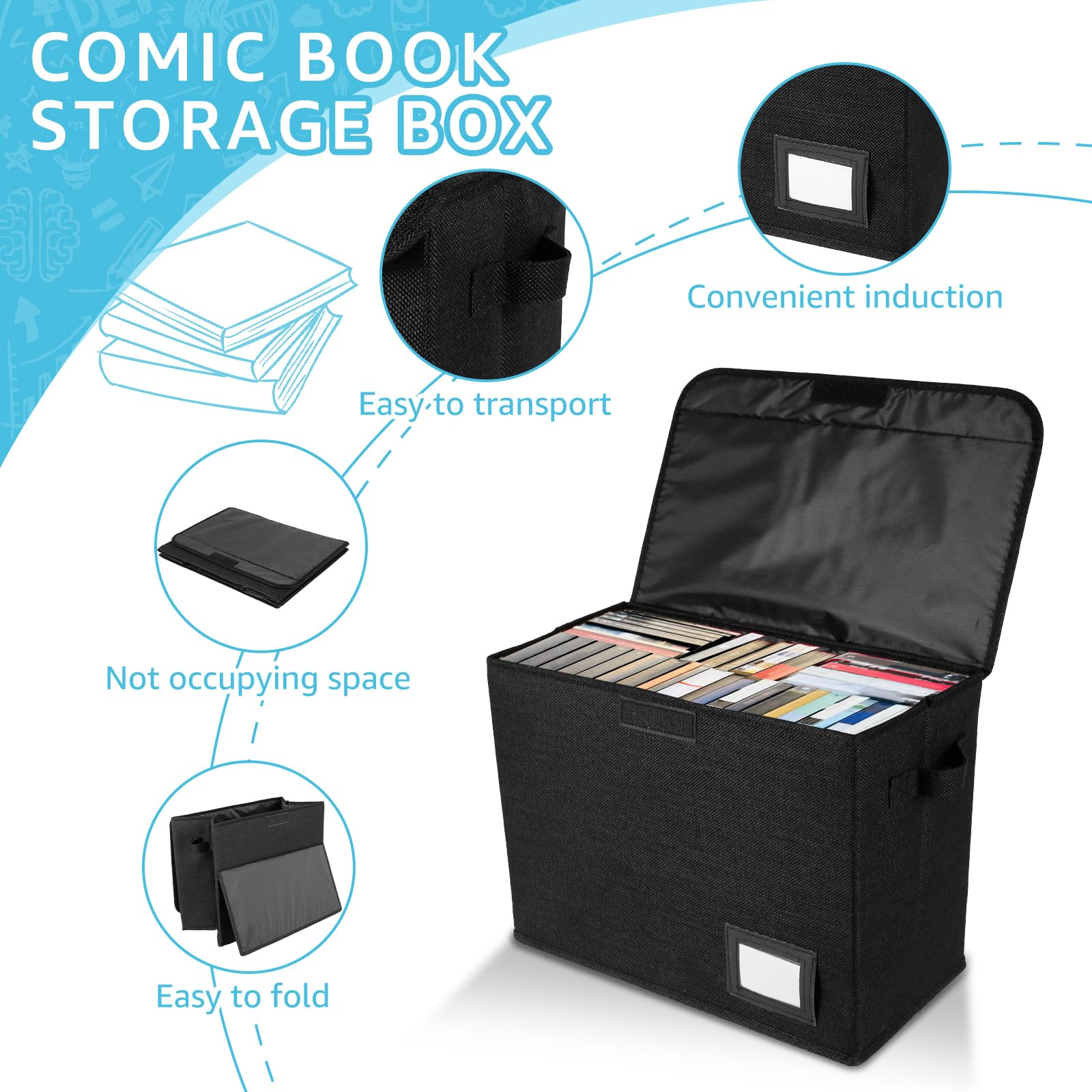 ZLHETWT Comic Book Storage Box, Comic Book Storage Box, Comic Book Organizer Foldable Comic Book Bin Washable Integrated Comic Book Box with Handle Enclosed Lid for Home Office (black)