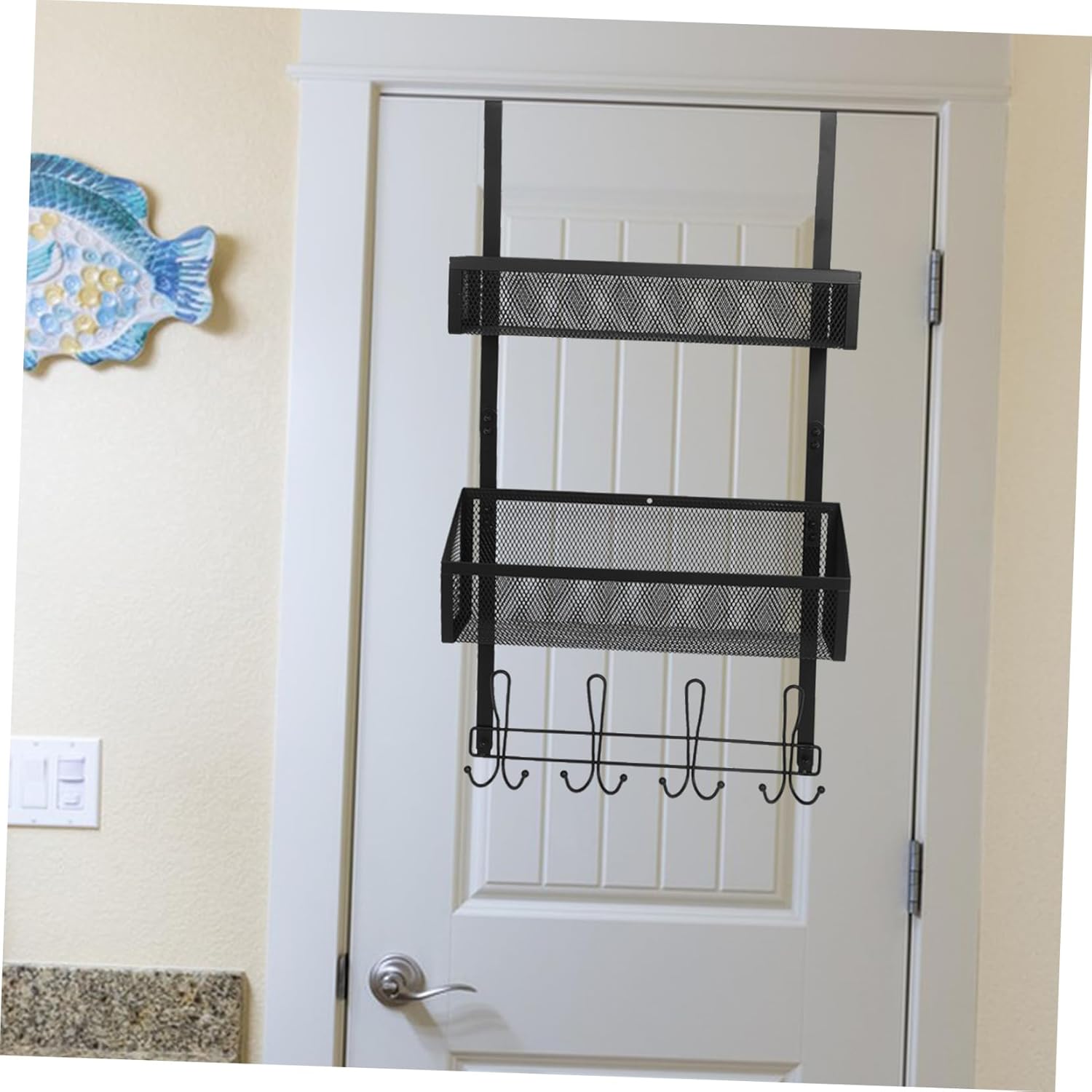 GLEAVI Door Organizer for Bedroom Over The Door Mesh Basket Storage Rack No-Drill Hanger Hooks Towel Coat Hooks
