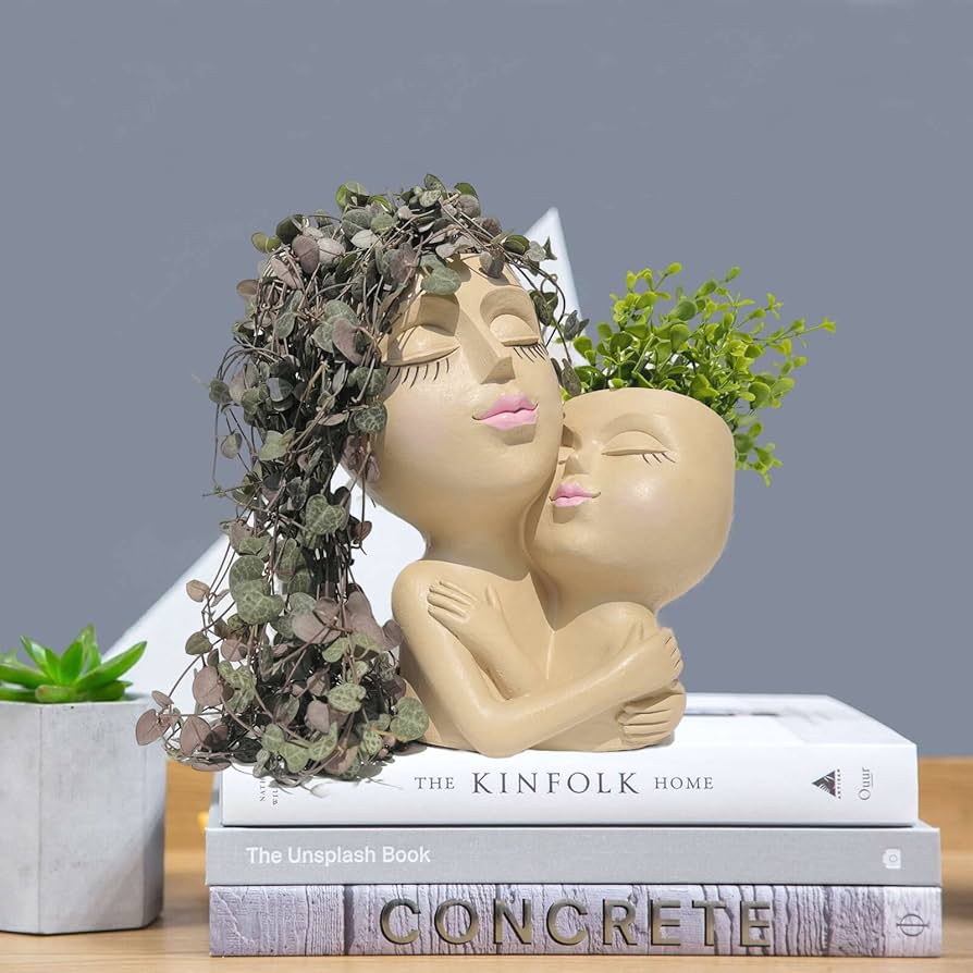 Fioriera A Forma Di Testa Di Ragazza – Doppia Faccia In Resina – Kaki – Decorazione Originale Per Casa E Ufficio - 3
