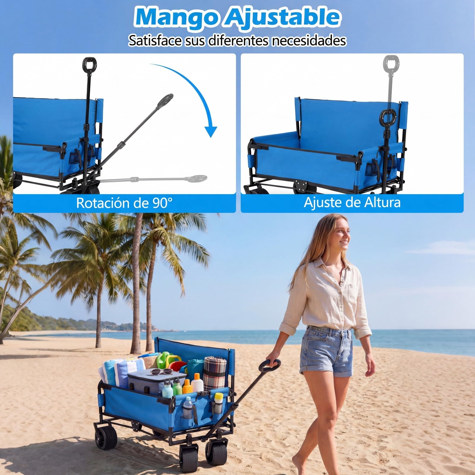 GOPLUS Carro de Playa Plegable 2 en 1 con Banco, Carrito de Transporte con Ruedas Grandes Todoterreno, Asa Regulable y Giratoria, Cojines Blandos, Estructura Metálica, para Camping y Compras (Azul)