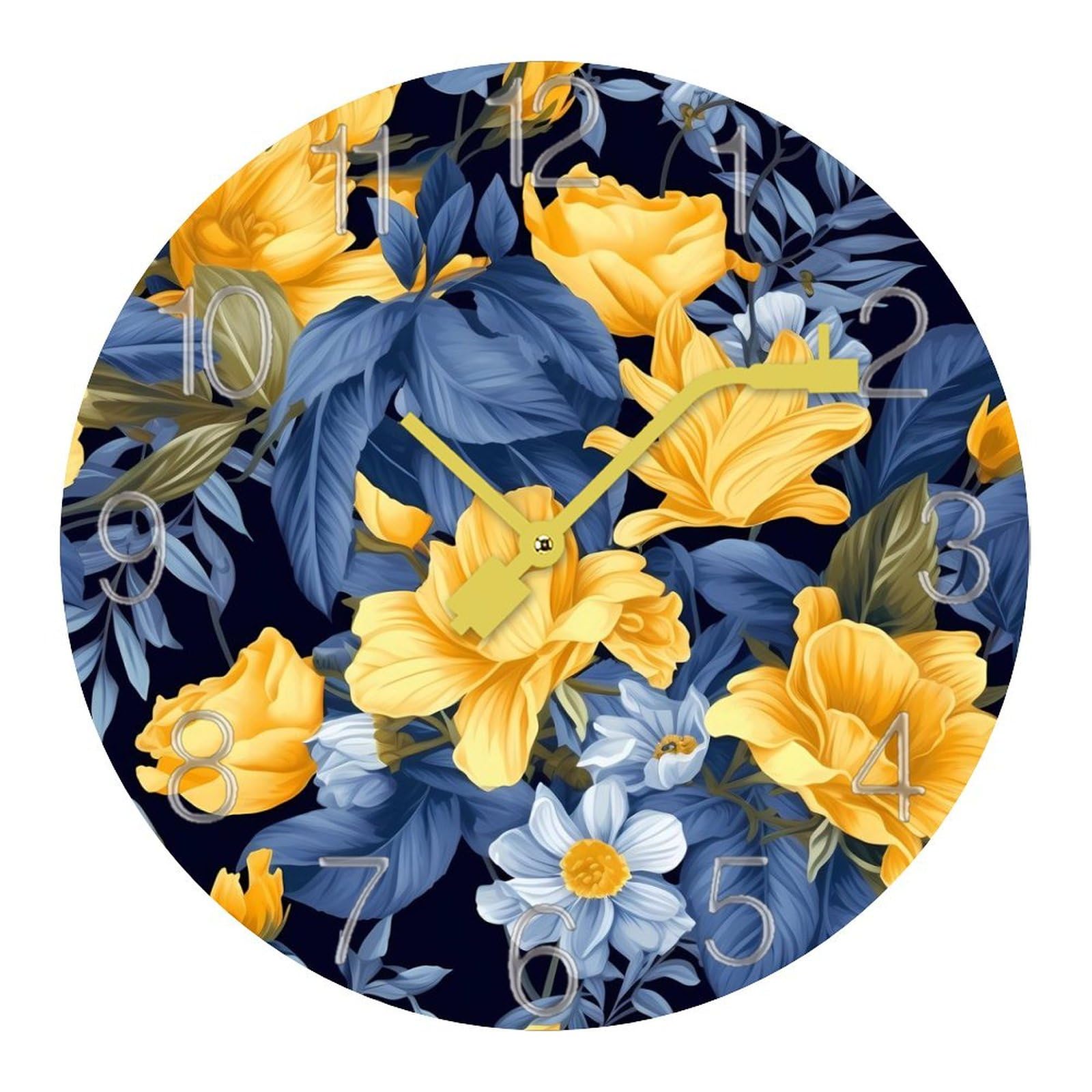 Horloge murale silencieuse jaune et bleue au motif floral moderne