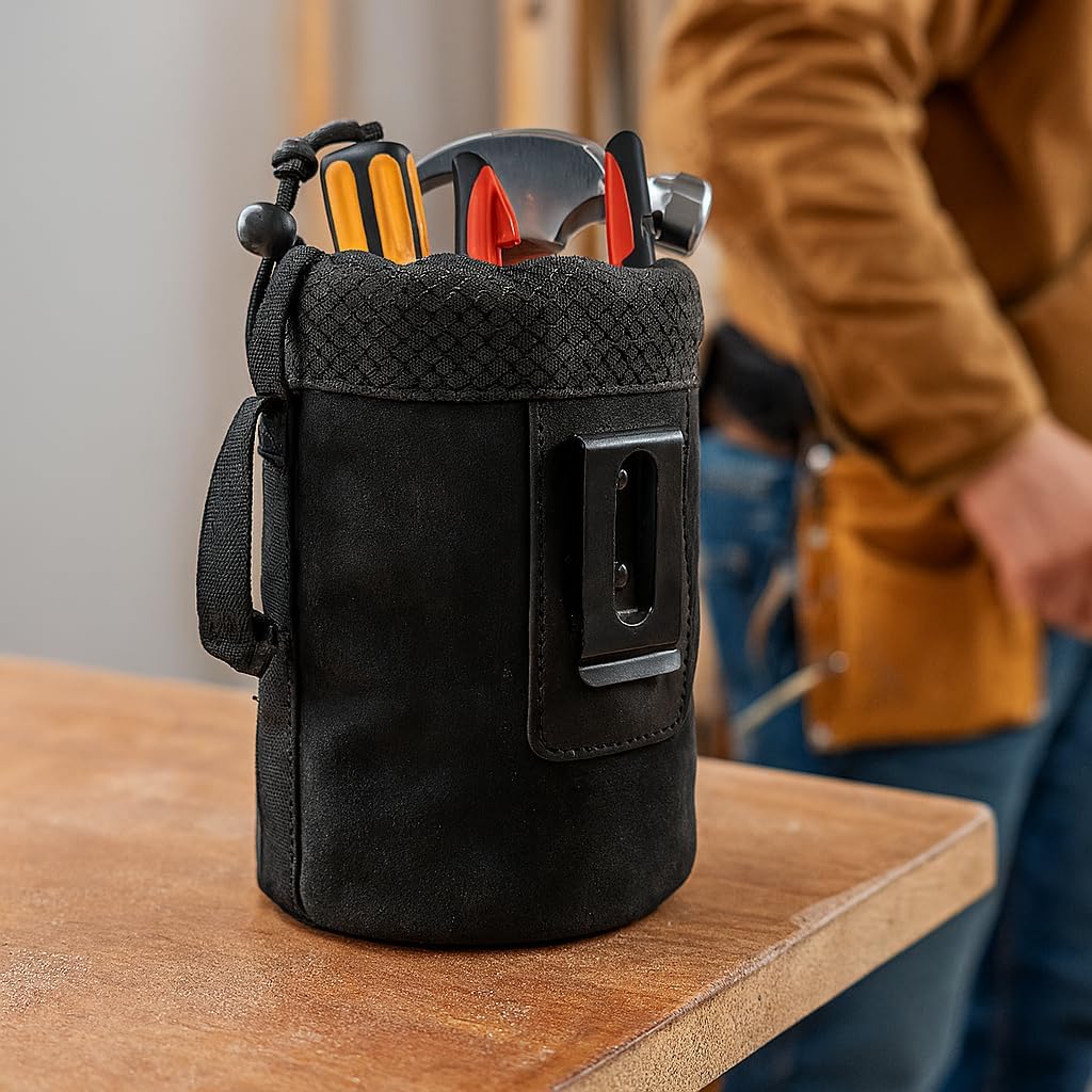 Waxed Canvas Nail/Screw Pouch, Tool Pouch with Belt Clip, 5 x 5 x 8 Inch Rounded Bolt Bag with Stand up Base Metal Clip on Organizer, Nail Pouch Suitable for Carpenters, Electrician, Carpenter