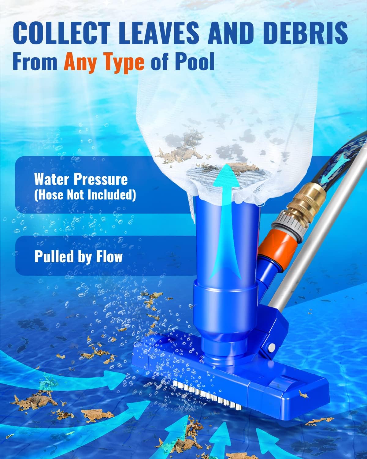 Portable Pool Vacuum for Above Ground/Inground Pool, Pool Cleaner Vacuum with 3 Scrub Brushes, Pool Leaf Vacuum & Nylon Mesh Net, Pool Cleaners for Swimming Spa Fountain Pond Hot Tub, Navy Blue