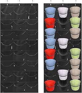 QIUKUN Hat Rack Baseball Hat Organizer Visible Hat Racks for Baseball Caps 24 Clear Deep Pockets Hat Storage for Wall Door Complete with Over Door Hooks