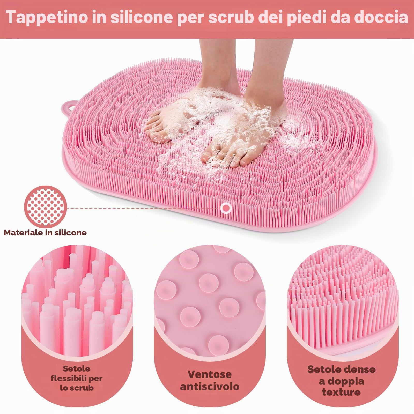 54 x 35,5 cm Silicone Tappetino Doccia Antiscivolo, Rosa | Tappetino Bagno Grande, Scrub Piedi, Rimuove Pelle Morta, Testina Setole Morbide, senza Piegarsi, Spazzola Schiena Doccia
