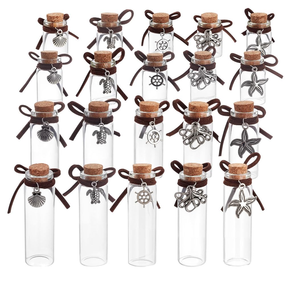 DELORIGIN 20Pcs Pet Fur Memorial Jar 20 Styles Sea Animals Theme Vial with Alloy Pendants Transparent Glass Empty Bottles for Ashes Or Hair Dog Or Cat Keepsake Pet Memorialize Gift