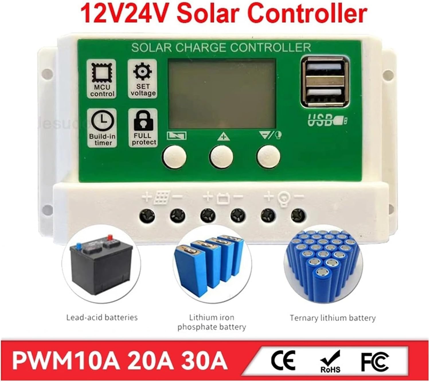 PWM Solar Charge Controller 10A 20A 30A 12V 24V Auto Batteries Charger Solar Regulator with LCD Diaplay Max PV 50VDC(20A)