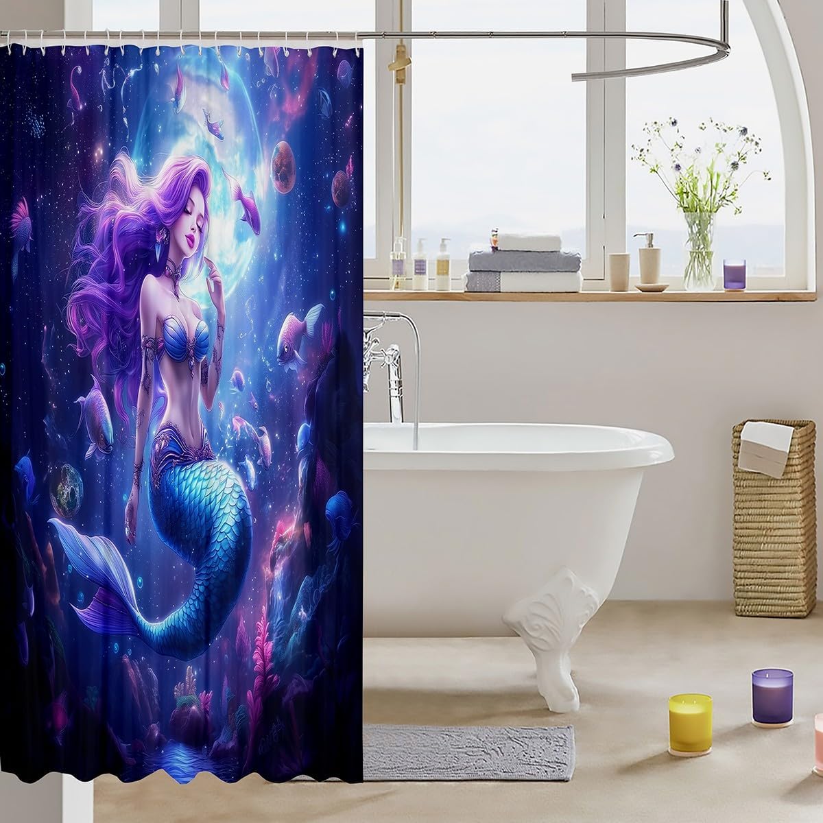 Manfei Mermaid Kids Shower Curtains,Fish Aquatic Plants Galaxy Bathroom Curtain,Magical Trippy Fantasy Home Decor,Blue and Purple Waterproof Curtains,12 Hooks Suits,72" W x 78" L