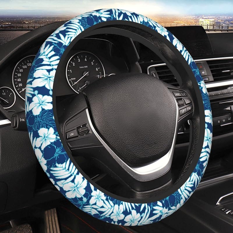Capa para Volante Hawaiian Hibiscus em Neoprene Preta FREEHOTU para Volante de 38,1 cm