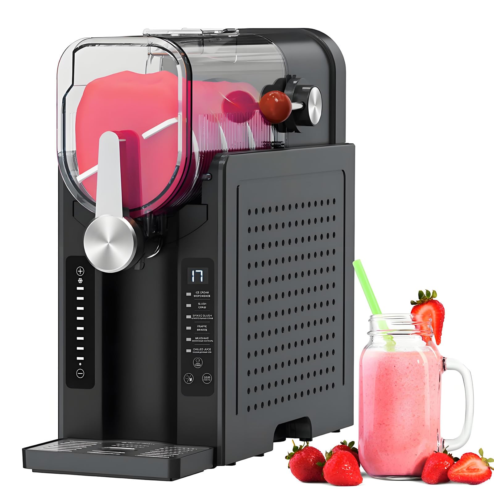 Maszyna do slushie o mocy 200 W, maszyna do slushie do użytku domowego, bez lodu, z wyświetlaczem LED, 1,6 l, rezerwacja jednym dotknięciem i 6 przystawek, 42,5 x 19,5 x 42 cm