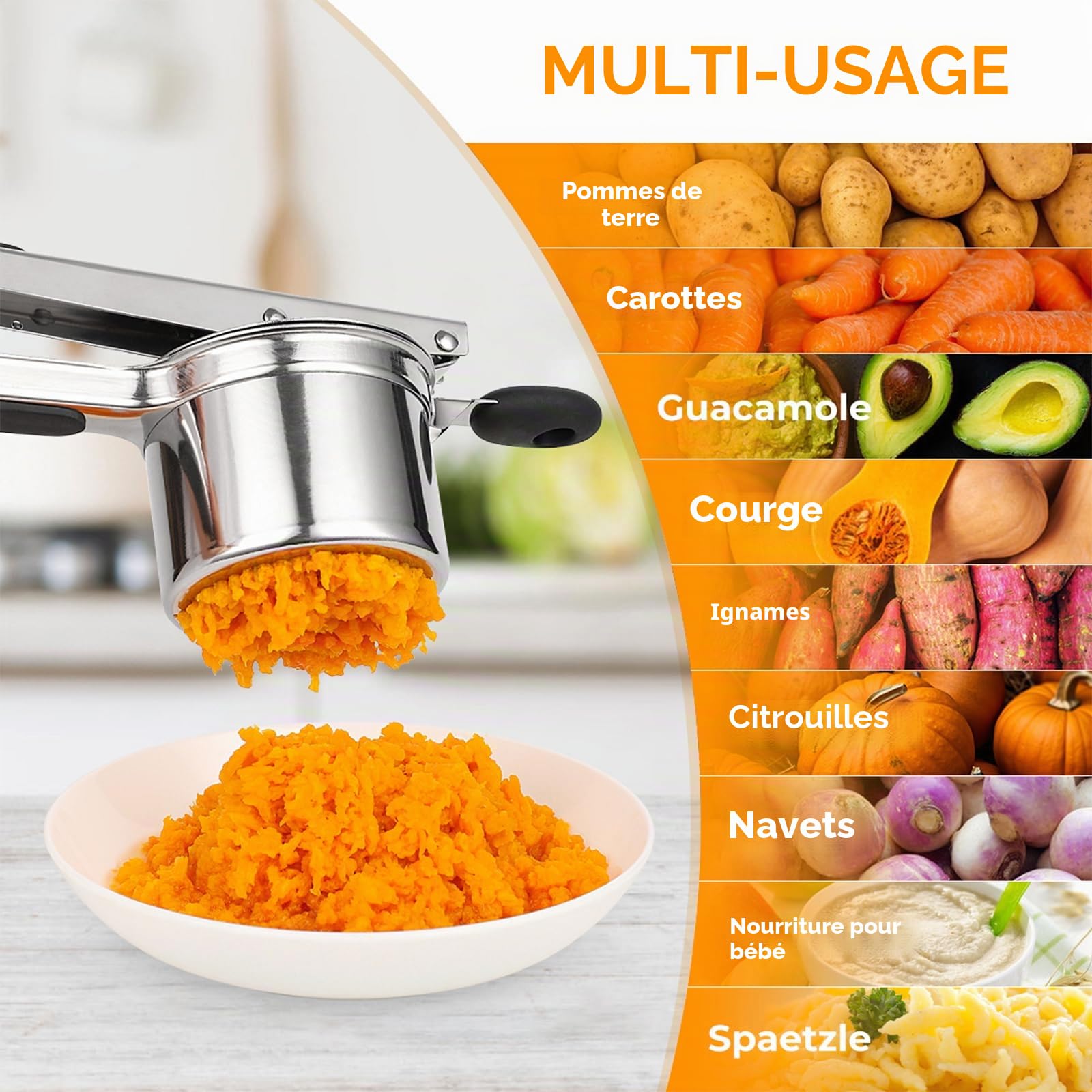 Presse-purée inox 18/10 450 ml, Presse pommes de terre robuste 3 disques interchangeables, Ustensile cuisine purée lisse spaetzle gnocchis légumes