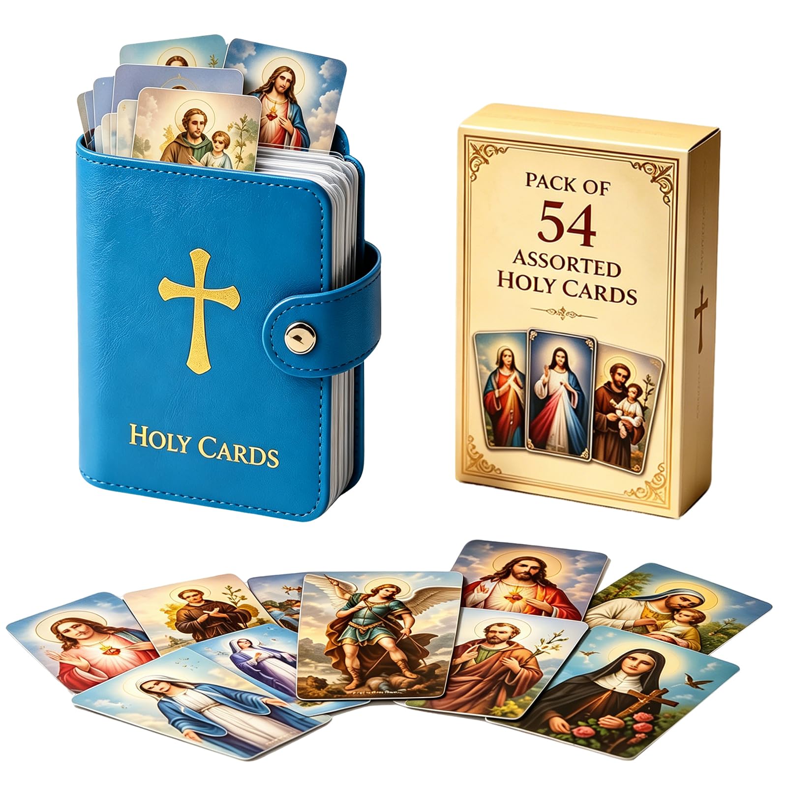 Viilich 54 Pieces Catholic Prayer Card Set with Pocket Leather Holy Card Organiser, Snap Closure Prayer Card Case, Portable Religious Holy Cards for Daily Mass, Bible Study