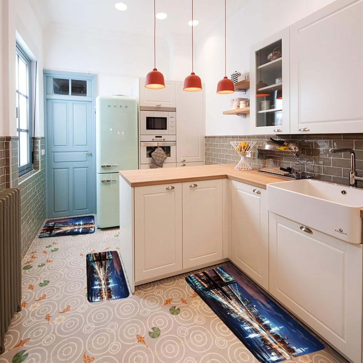 New York Night Kitchen Mats Soft Absorbent Rugs for Floor Non Slip Washable Kitchen Mats Fashion Rectangular Rugs for Three-Piece Set for Laundry Office Home Sink