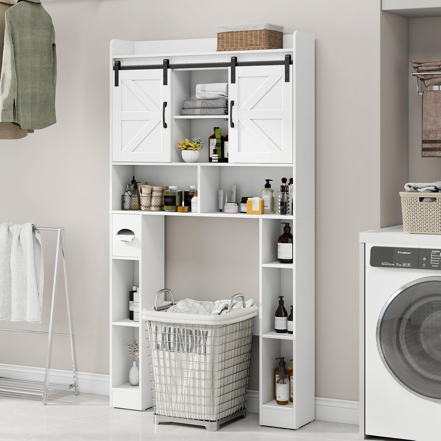 Vabches Farmhouse Storage Cabinet Over Toilet with Sliding Doors, Home Space-Saving Toilet Rack, Over The Toilet Storage Cabinet, Open Storage Shelf, for Bathroom, Laundry, Restroom.White