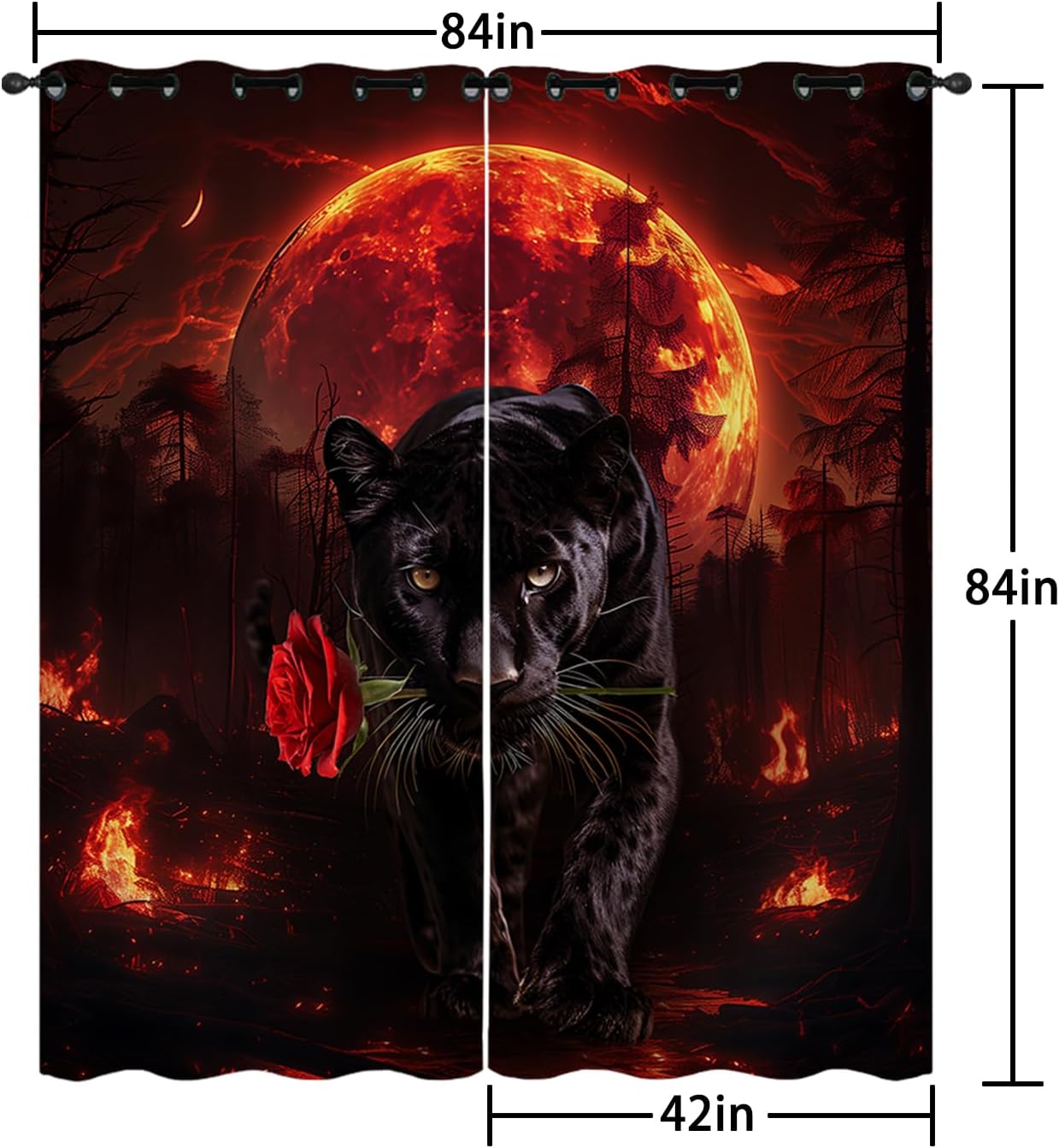 AILONEN Black Panther Window Curtain,Evening Moon Flame Leopard Curtain for Kids Men,Wildlife Animal Window Drapes for Room Living Room Decor,42" W x 84" H 2 Panels Set