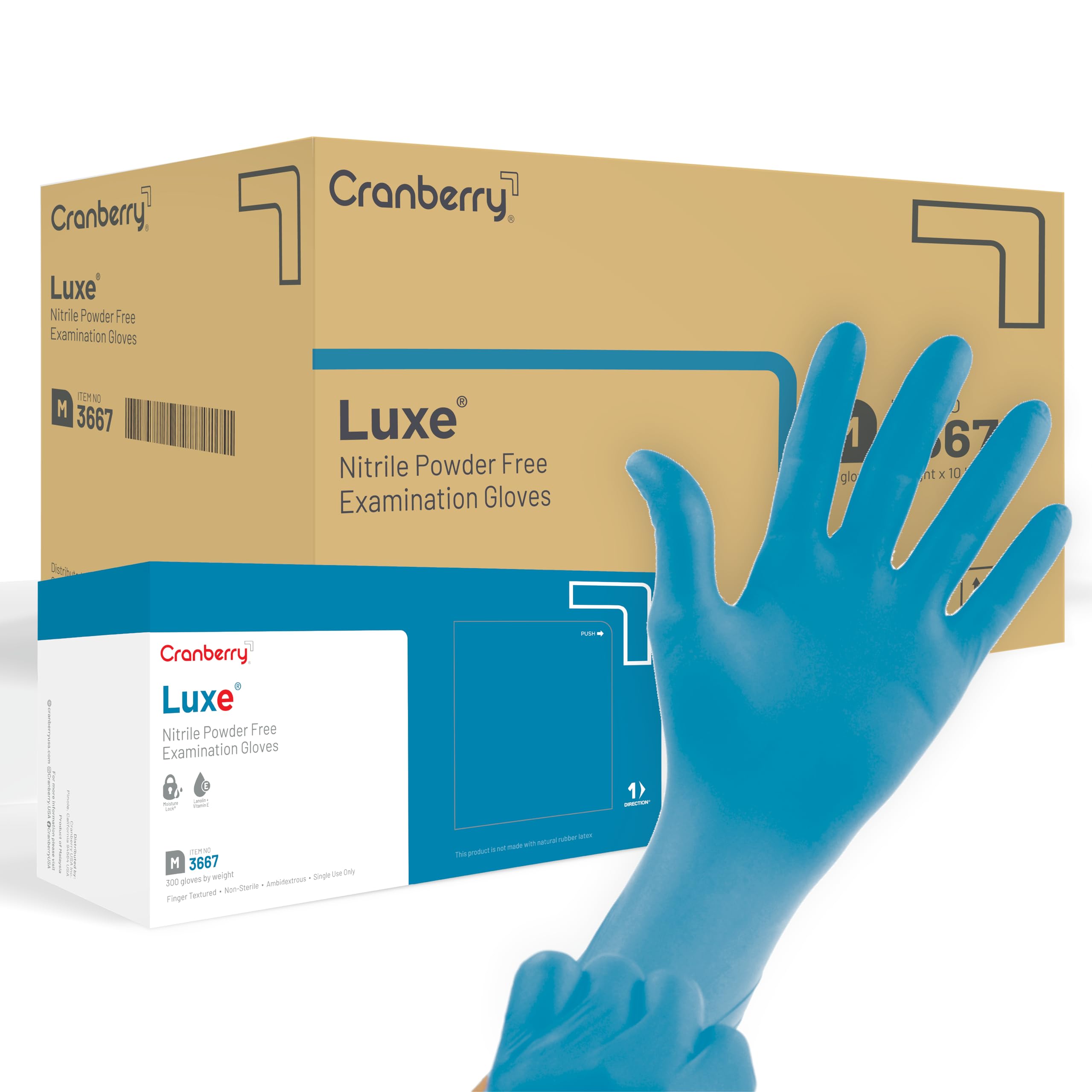 Cranberry Luxe Nitrile Exam Gloves, Case of 3000, Small, Azure Blue, Lanolin & Vitamin E, 2.5 Mil