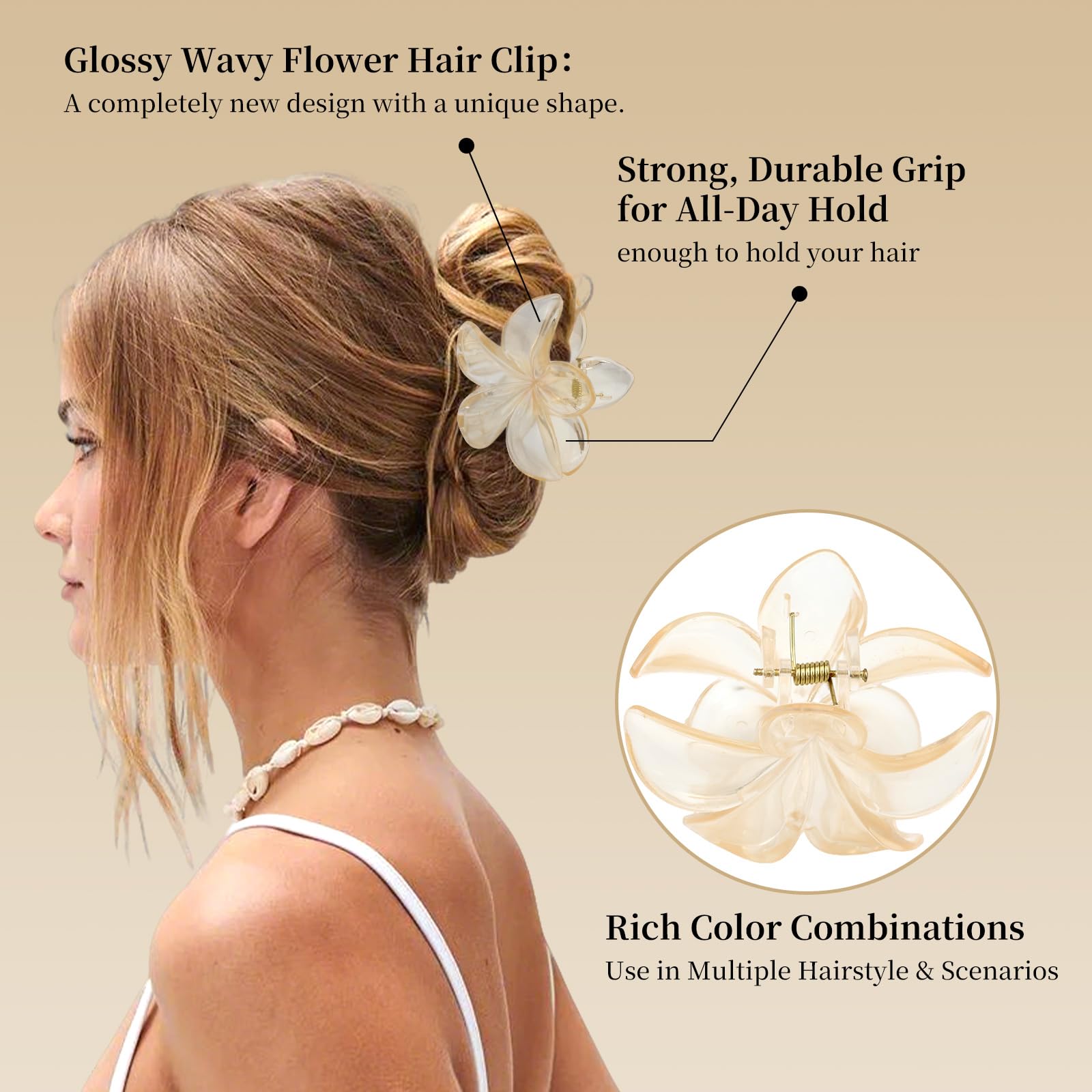 6 fermagli per capelli a forma di fiore, grandi, da donna, carini, medi, neri, per capelli spessi e sottili, stile hawaiano, per acconciature, tenuta forte, accessori per capelli per donne e