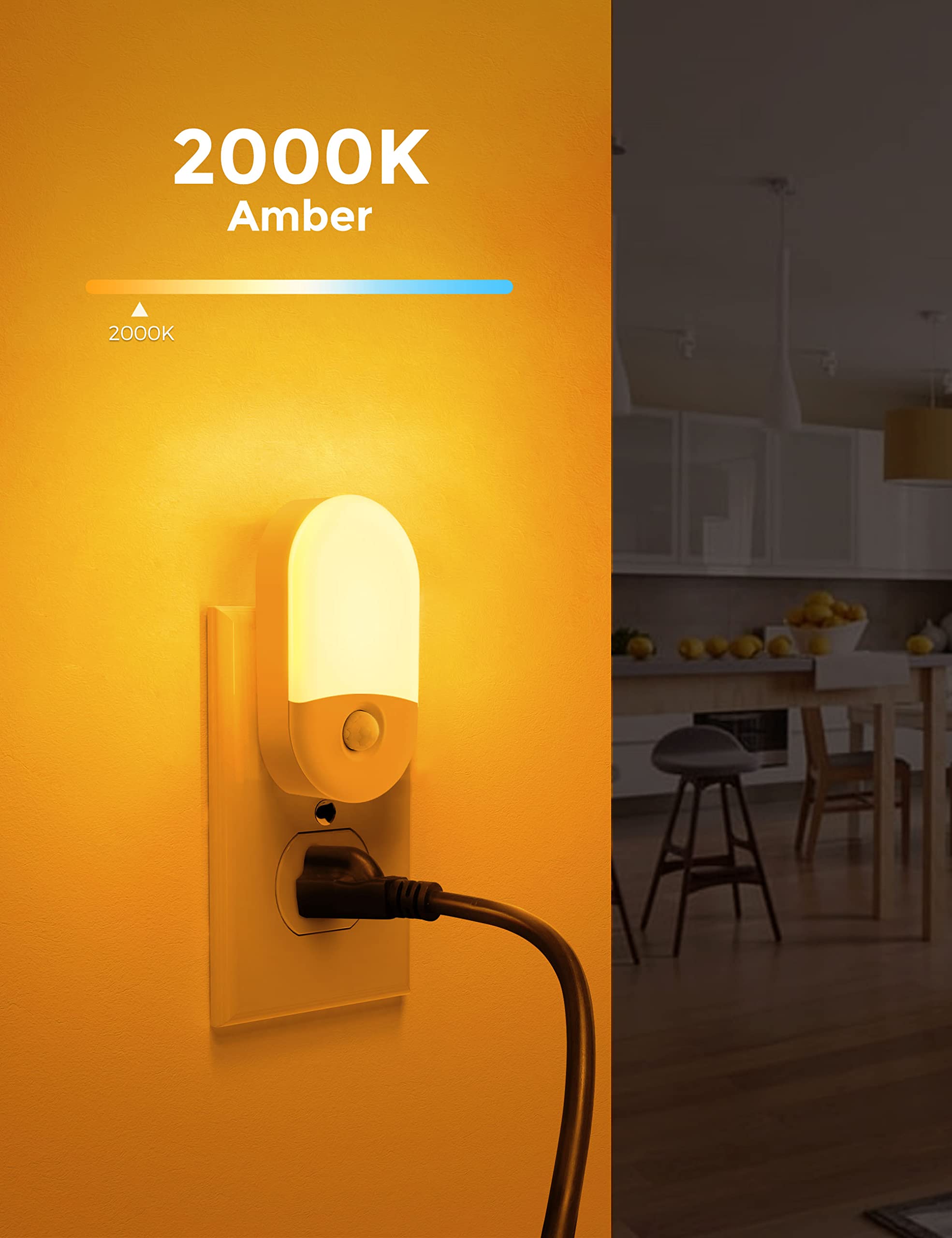 Bernstein-Nachtlicht, LOHAS bernsteinfarbene Nachtlichter, zum Einstecken in die Wand, Bewegungsmelder, 0,6 W, 2000 K, LED-Nachtlicht, 30/60 lm, einstellbare Helligkeit, automatisches niedriges blaues