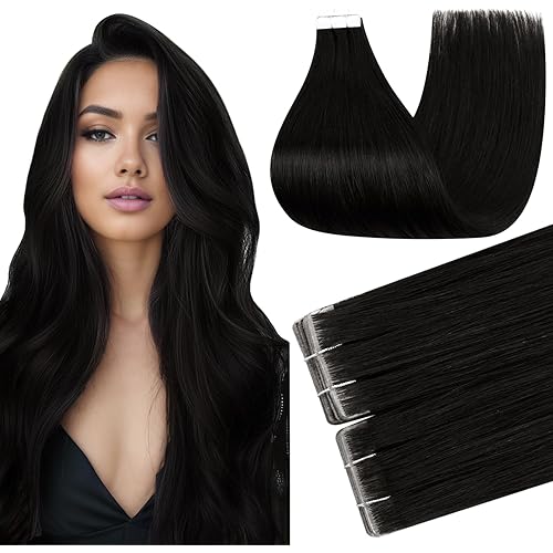 Full Shine Seamless Tape in Hair Extensions Human Hair Color 1B Black Injection Tape in Extensions Cover Thinning Areas Seamless Remy Skin Weft 16Inch 40G 20Pcs Bridal Hairstyles Lightweight