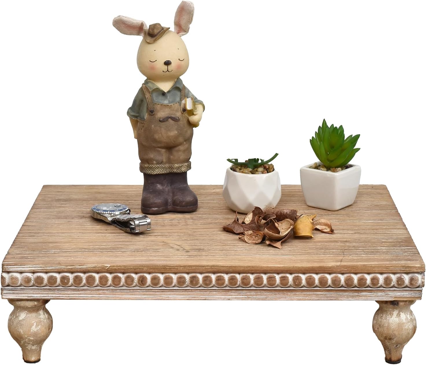 Farmhouse Wood Riser for Display Decorative, Rustic Shabby Chic Tray for Kitchen Counter, Coffee Bar Table, Dining Room, Wooden Rectangle Beaded Pedestal Stand for Food 1pcs - Natural