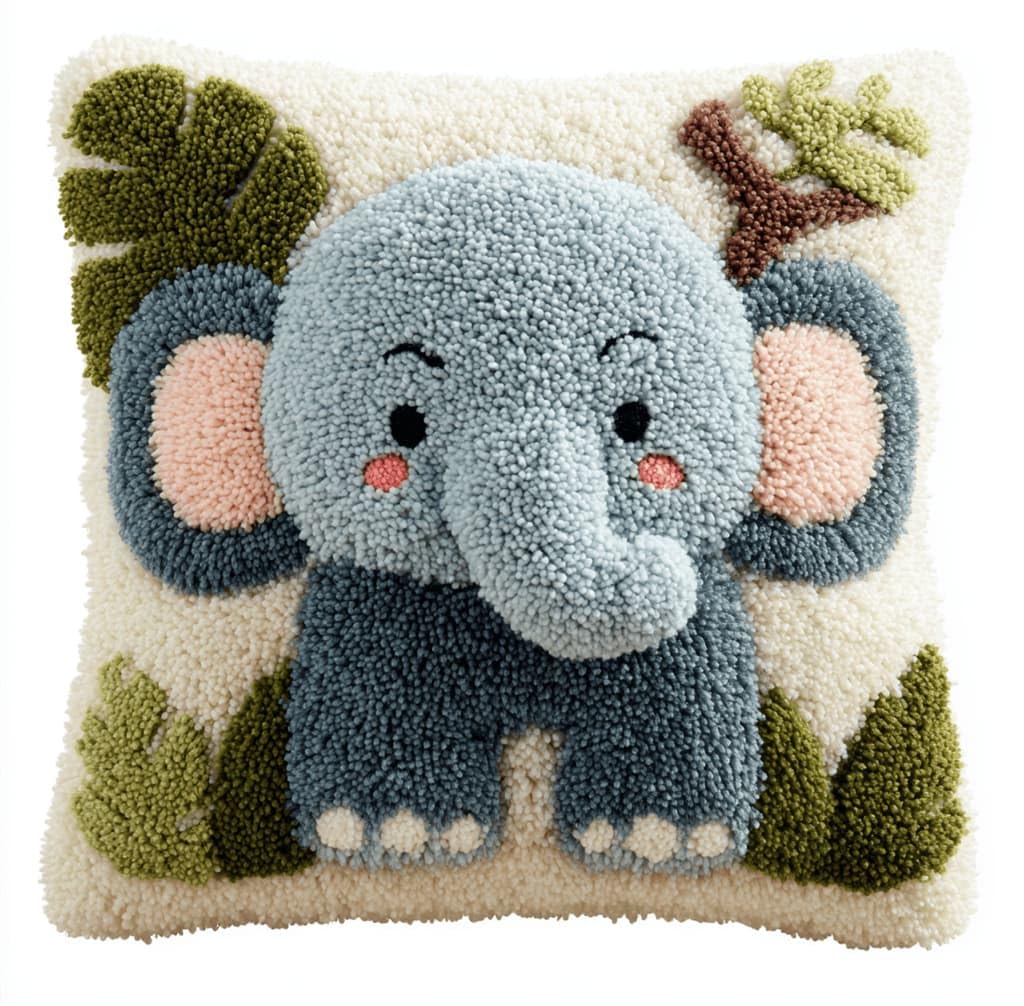 Kitquiver Latch Hook Rug Kits for Adults Jungle Baby Elephant DIY Latch Hook Cushion Cross-Stitch Embroidery Cushion Cover for Home Sofa Decoration 17X17 in.