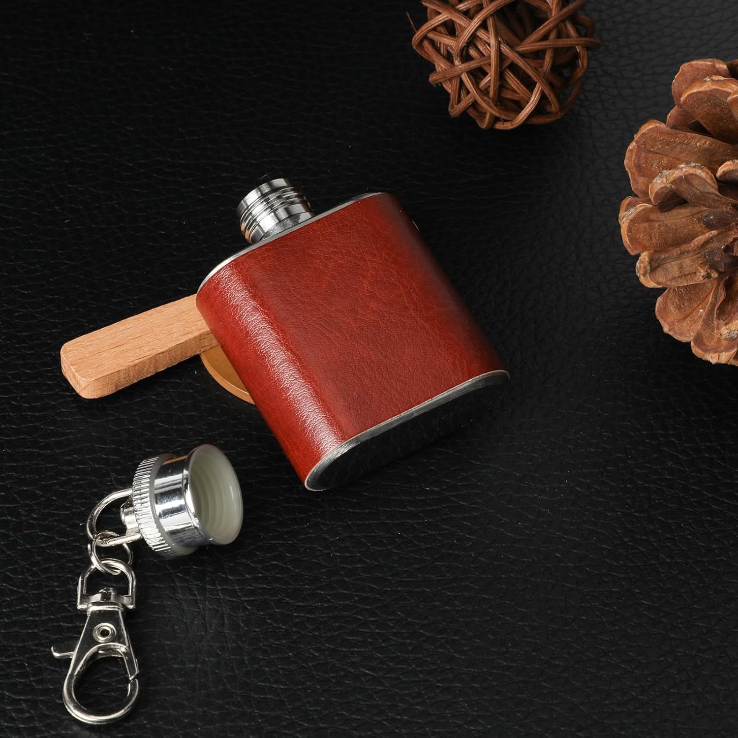mini leather hip flask 30ml - stainless steel pocket whiskey flask for men & women, keychain liquor flask, cool groomsmen gift, travel bar accessory