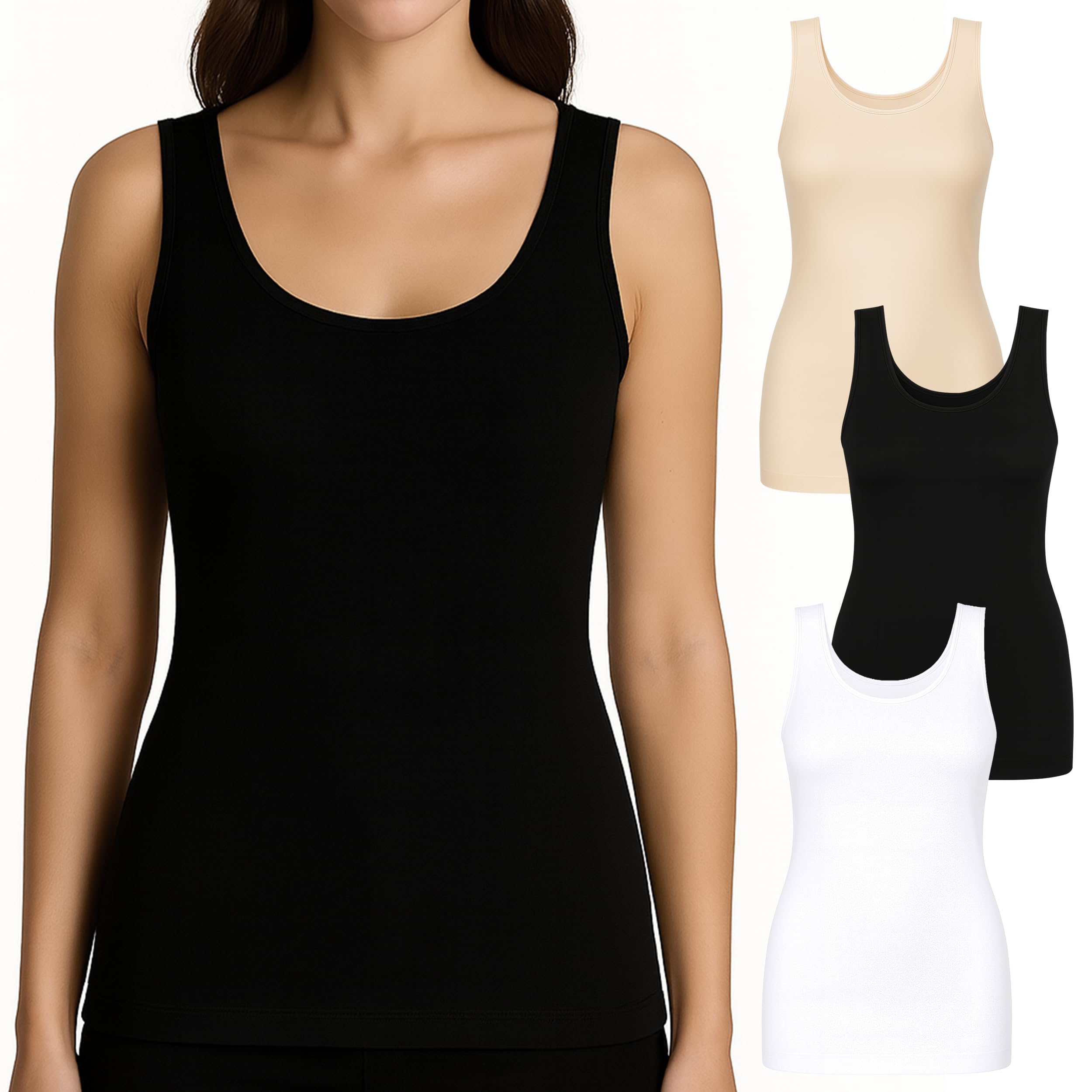 UnsichtBra Pack de 3 Camisetas Interior Mujer Tirantes Anchos | Top Ajustado y Moldeador Ligero | Camiseta Reductora Shapewear Cómoda – Negro, Blanco, Beige