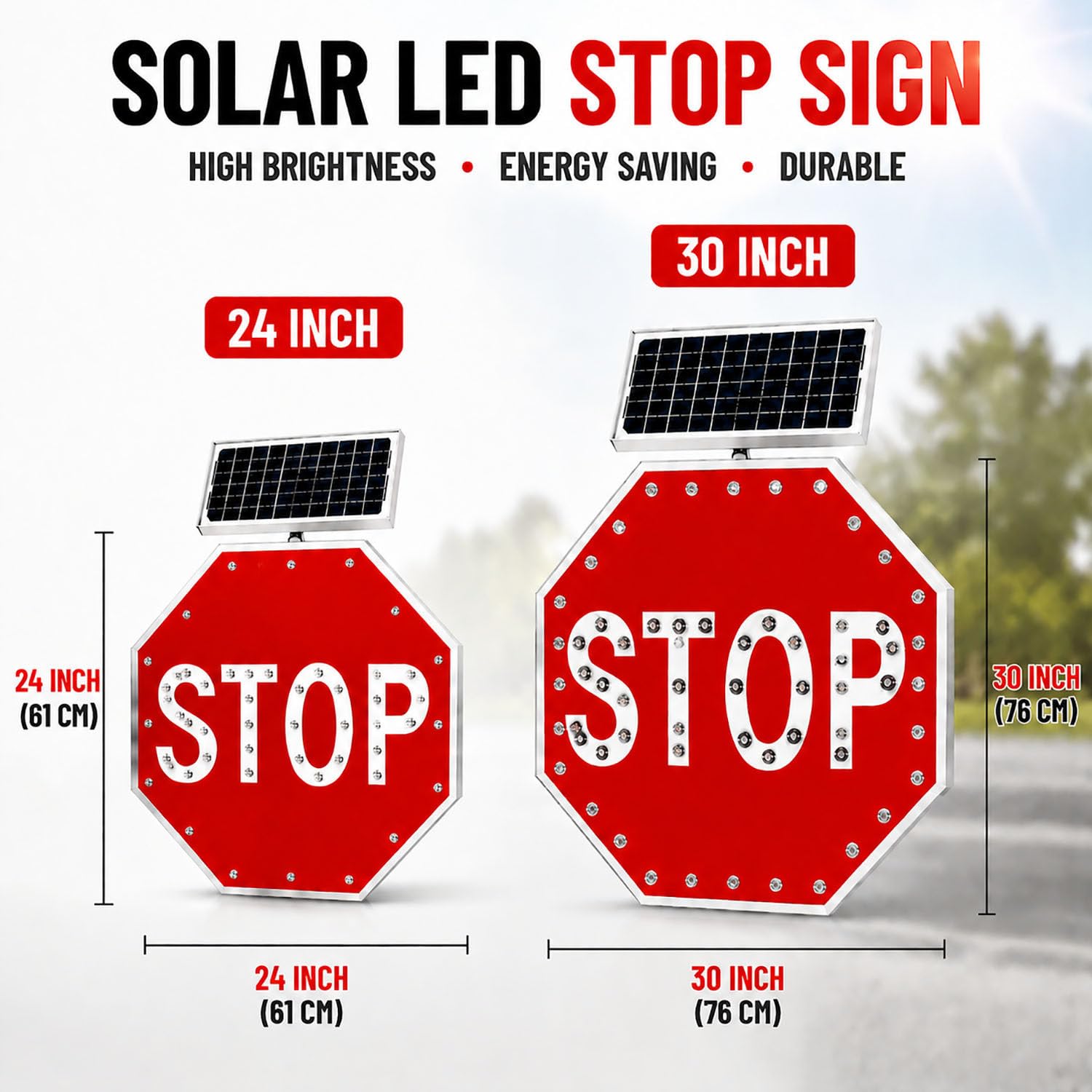 Señal de Stop LED Solar Impermeable,señal de tráfico Intermitente Duradera 24in | Señalización vial solar IP65, protección contra agua, nieve y radiación UV, larga vida útil en exteriores