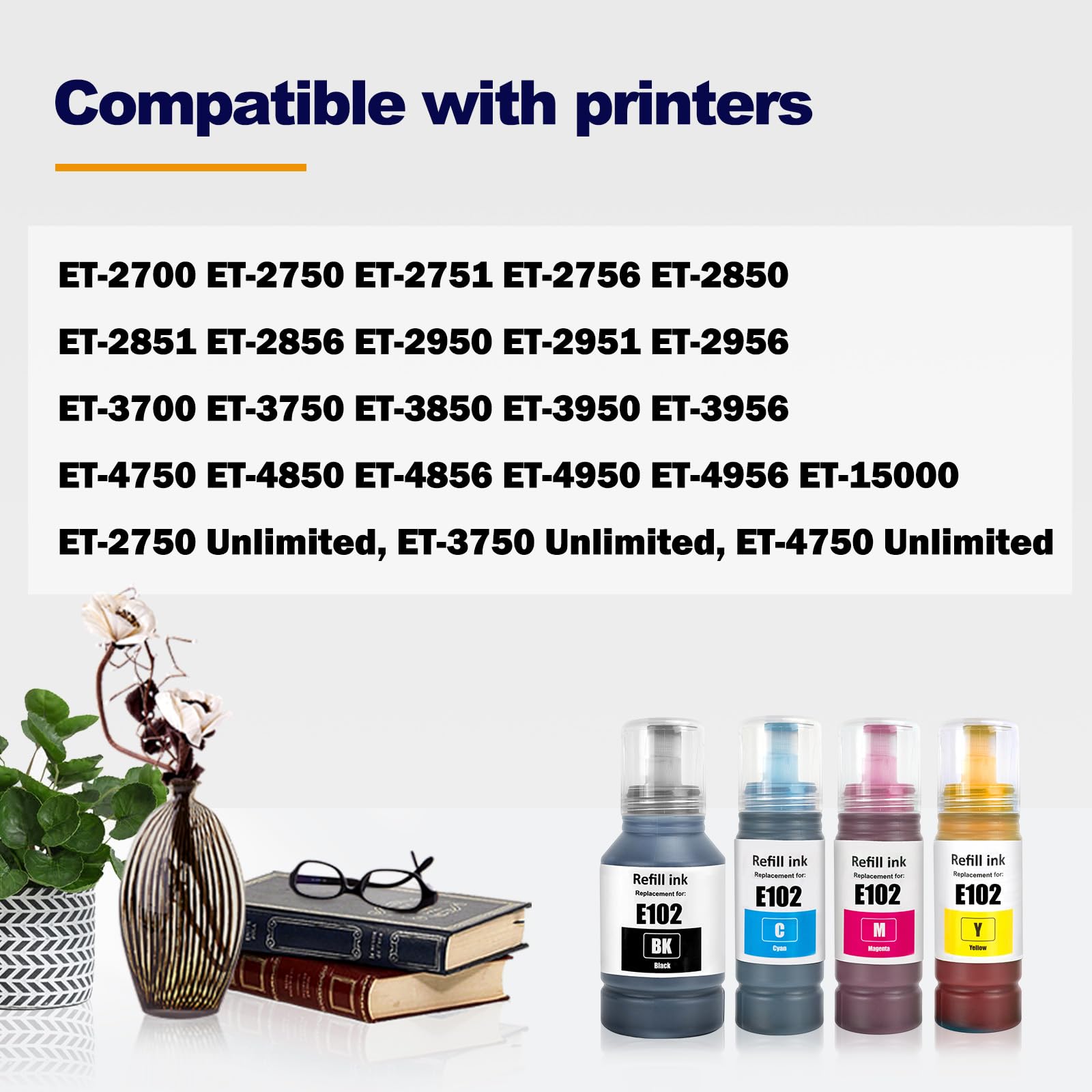 102 Multipack Compatibile con Epson 102 Flaconi di Inchiostro per Ecotank ET-2750 ET-2751 ET-2756 ET-2850 ET-2856 ET-3750 ET-3850 ET-4750 ET-4850 ET-4856 ET-15000 (BK/C/M/Y)