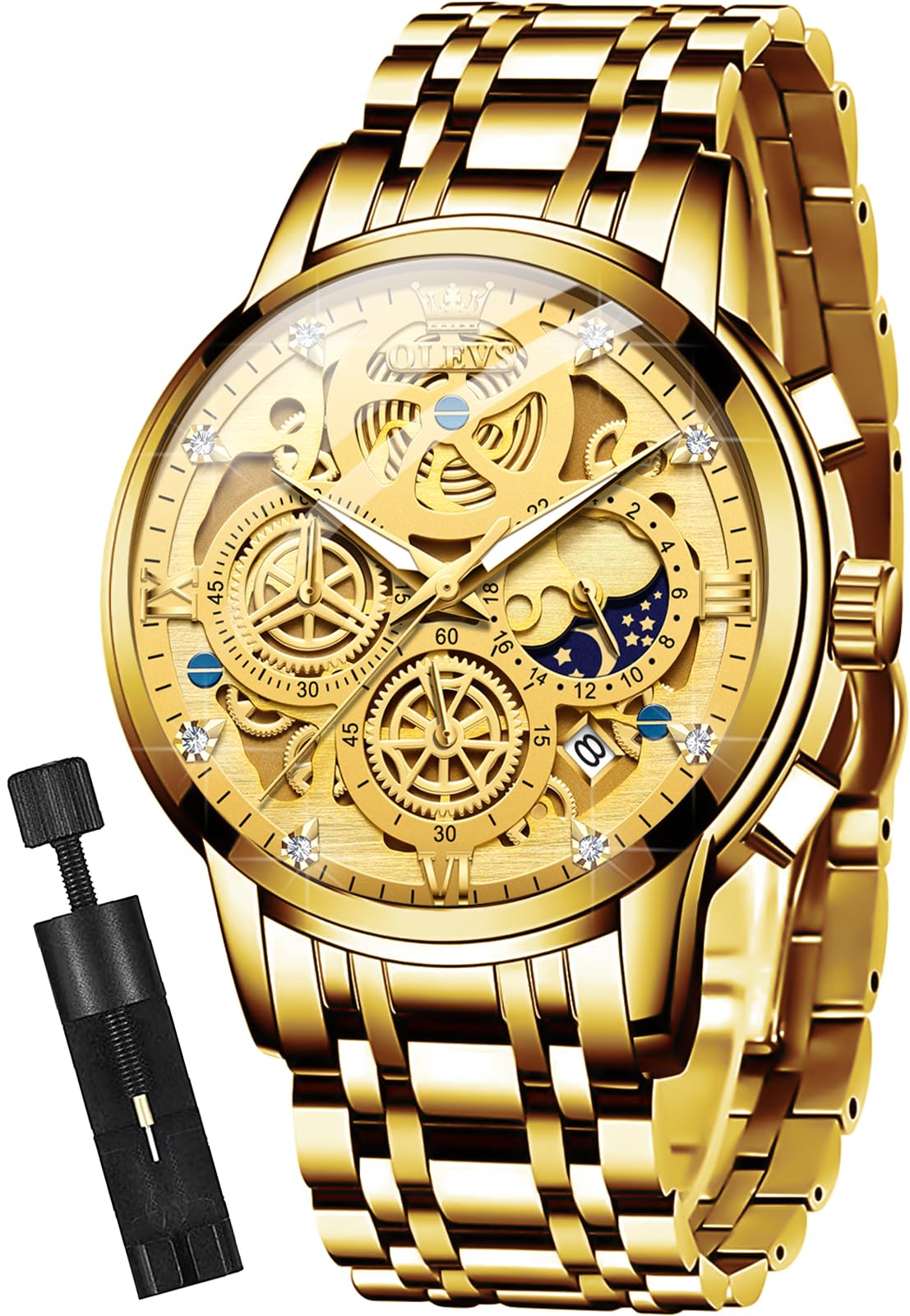 OLEVS Mens Watch Chronograph Luxury Diamond Dress Business Analog Quartz Wrist Watches Stainless Steel Waterproof Luminous 9947: Gold band & Gold dial