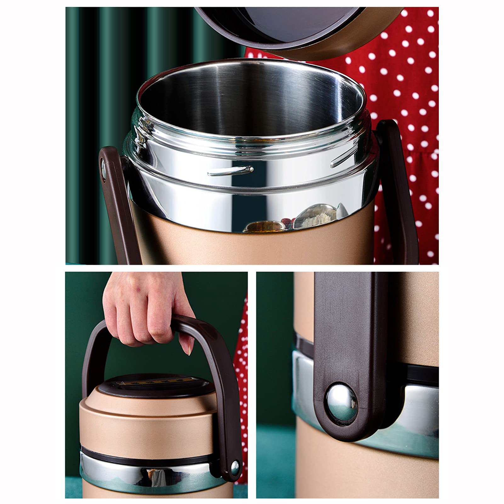 Fiambrera Térmica de Acero Inoxidable Prueba de Fugas Caja Bento Térmica con 2 Compartimentos Recipiente Térmico para Alimentos, Lunch Box para Trabajo de Oficina, Escuela, Hogar,Oro,1.6L