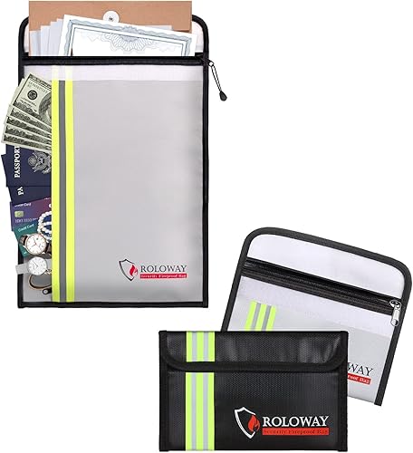 ROLOWAY Bolsa grande ignífuga para documentos con 2 bolsillos y bolsas de dinero ignífugas con tira reflectante (paquete de 2)